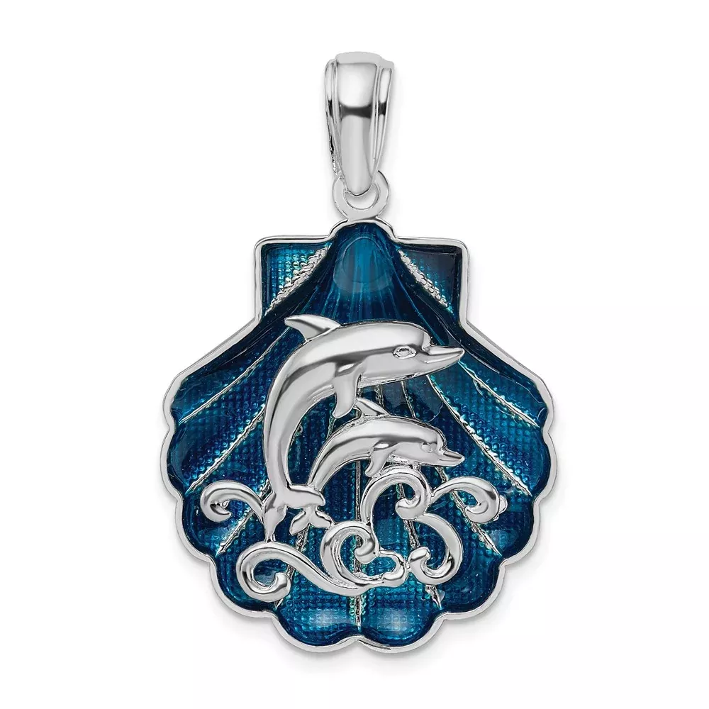 Sterling Silver De-Ani Rhodium-Plated Enameled Blue Shell With Dolphins Pendant