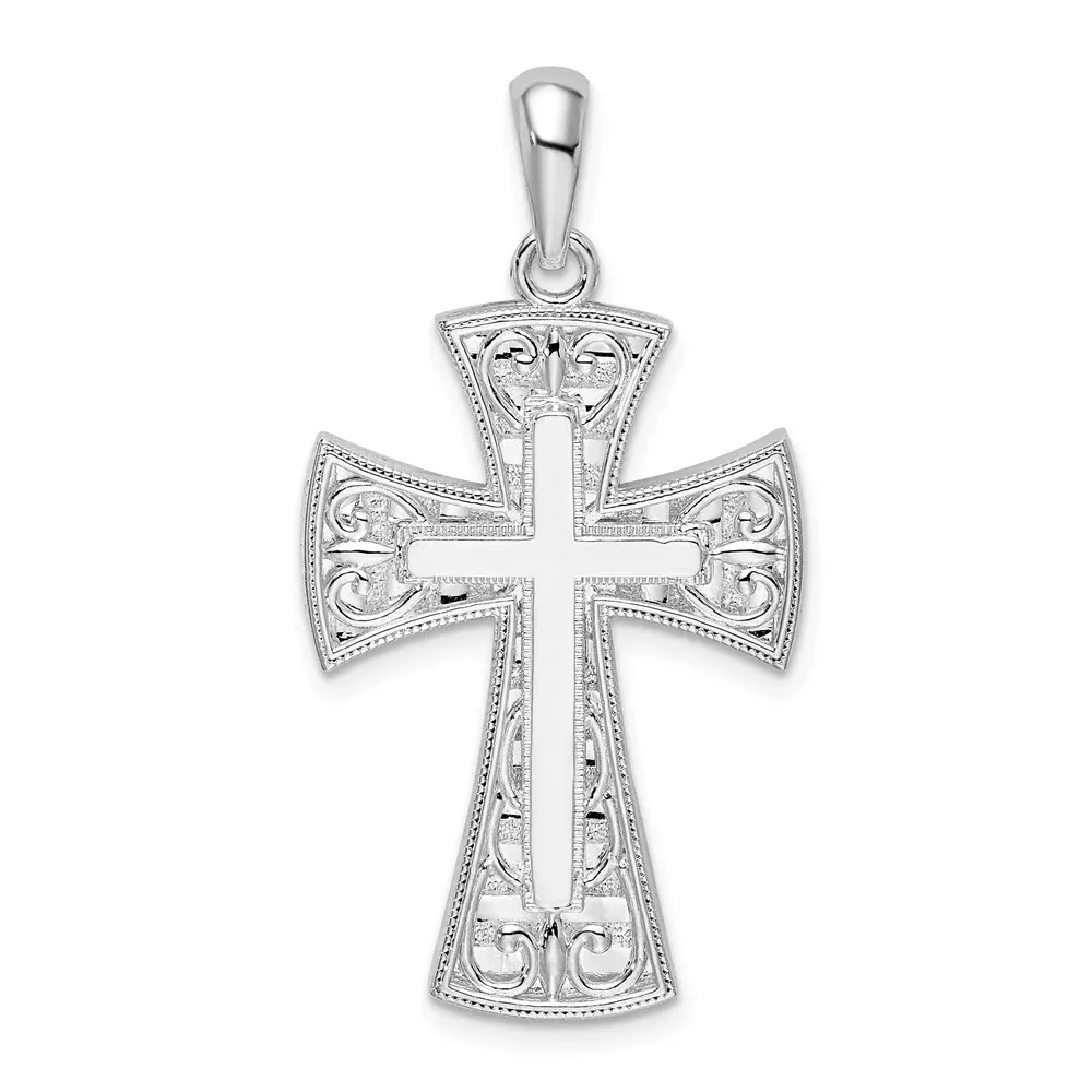 Sterling Silver De-Ani Rhodium-Plated Fancy Heart Design Cross Pendant
