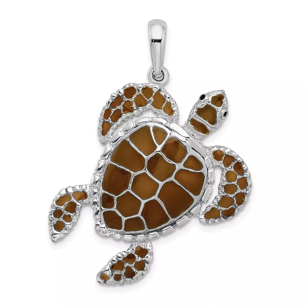 Sterling Silver De-Ani Rhodium-Plated Polished Enameled Brown Sea Turtle Pendant