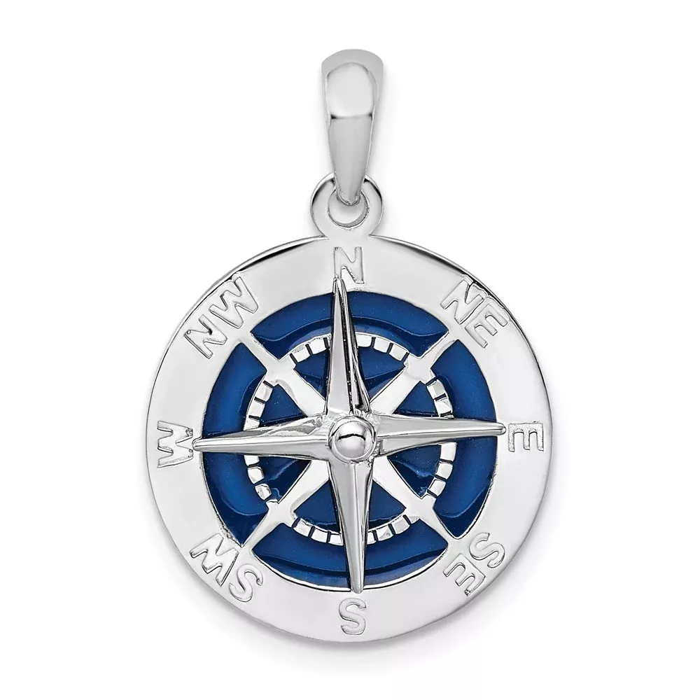 Sterling Silver De-Ani Rhodium-Plated Polished Enameled Compass Pendant