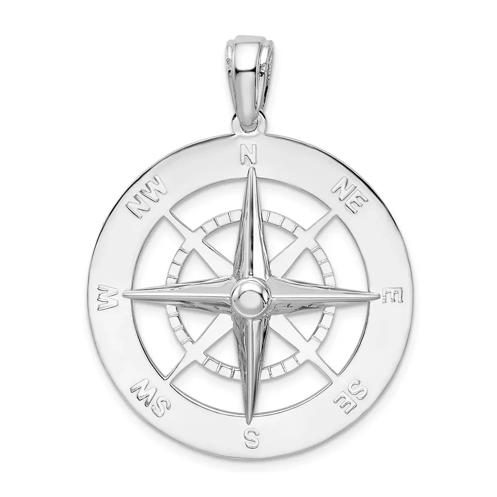 Sterling Silver De-Ani Rhodium-Plated Polished Large Nautical Compass Pendant
