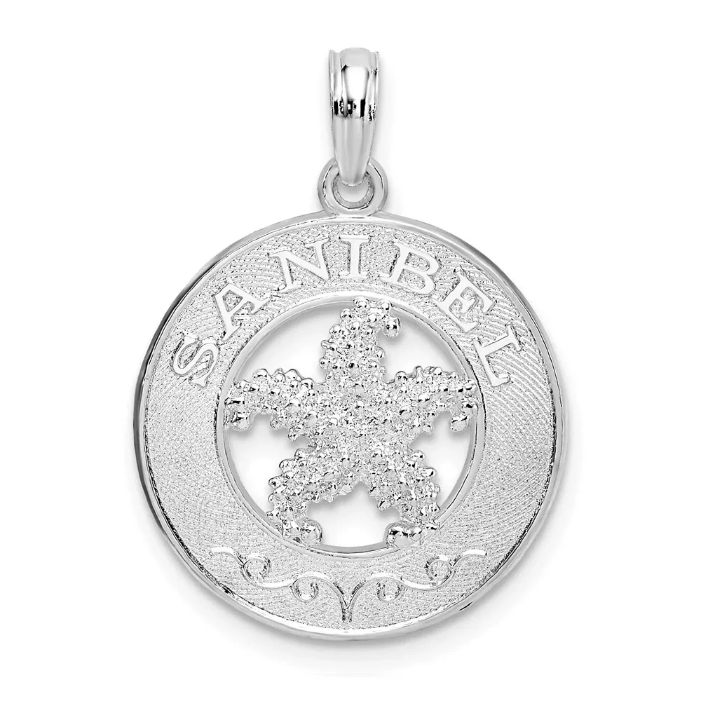 Sterling Silver De-Ani Rhodium-Plated Polished Sanibel Circle With Starfish Pendant