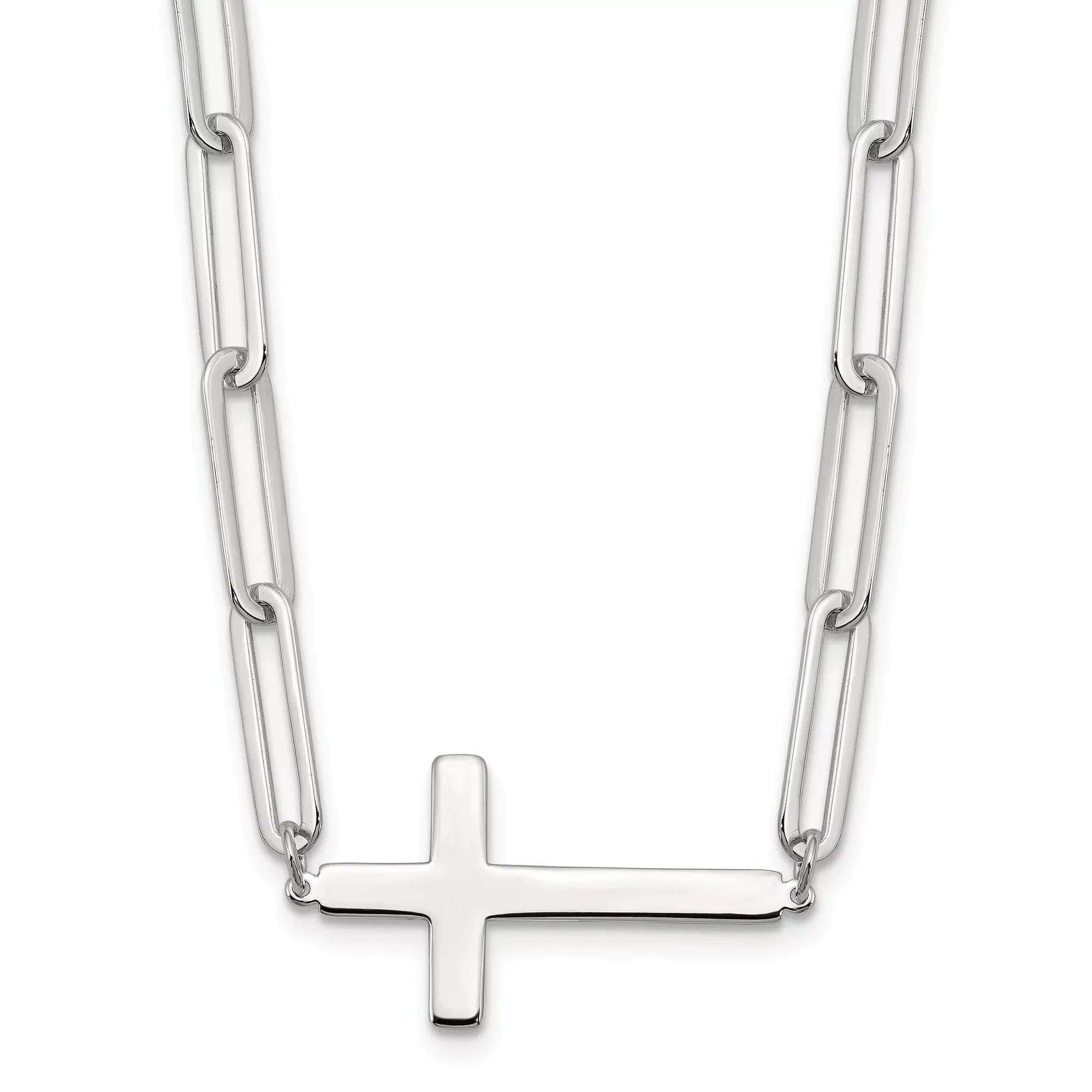 Sterling Silver E-Coated Cross Paperclip Link With 2 in ext Necklace