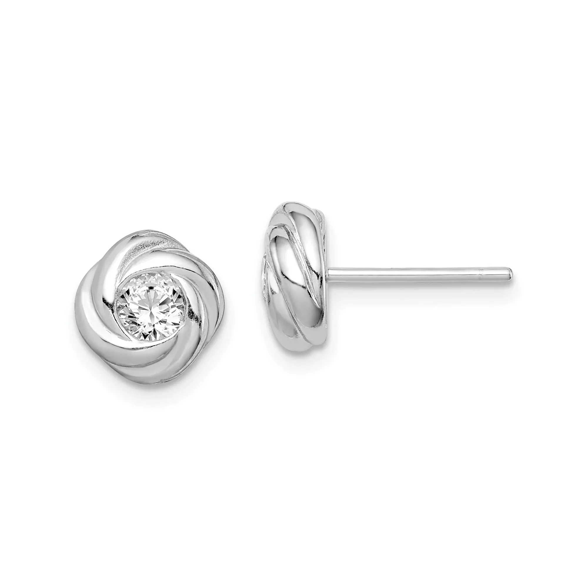 Sterling Silver Knot Stud Earrings with Round Cubic Zirconia, Twisted Love Knot Design