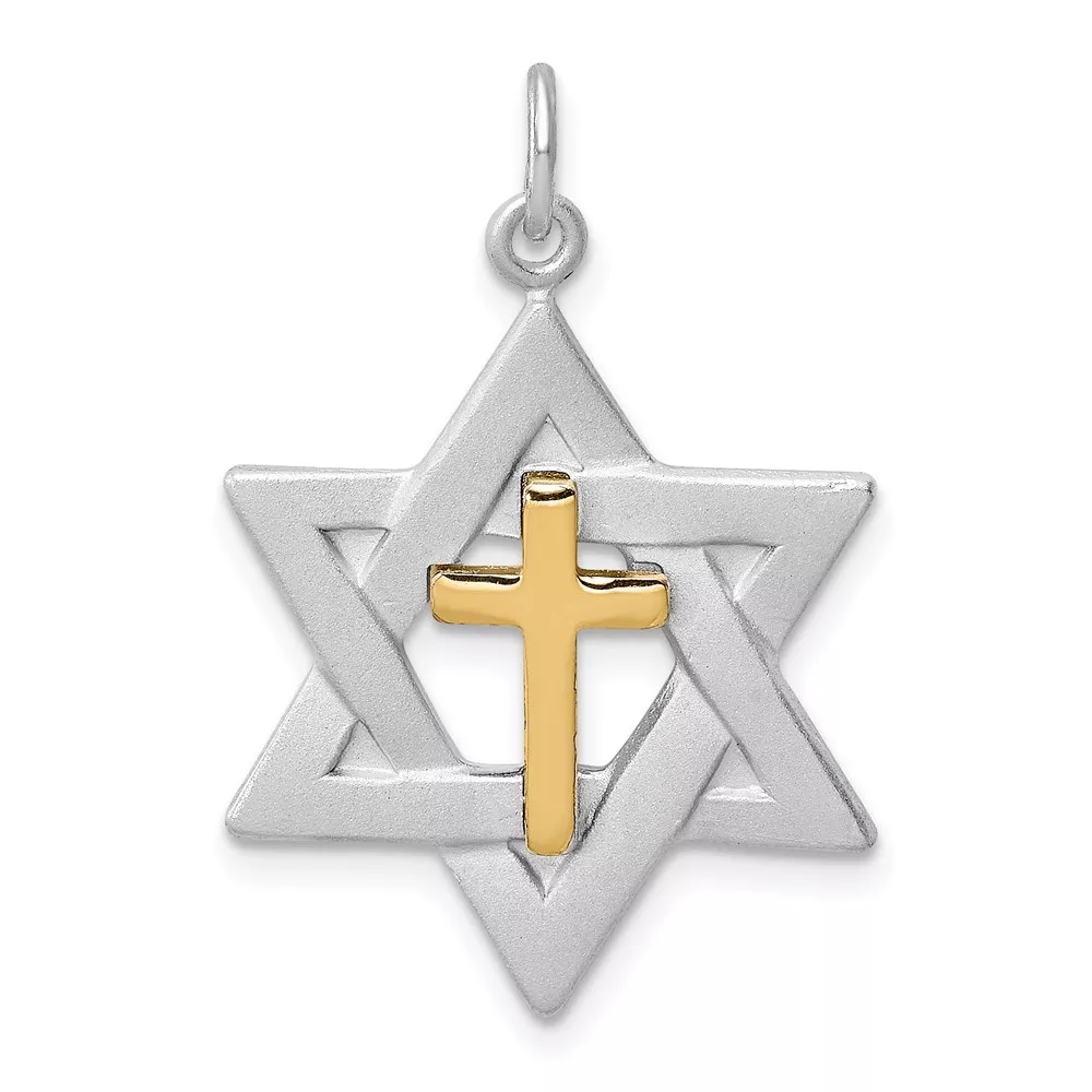Sterling Silver Platinum-plated Gold Tone Cross Star of David Charm Pendant
