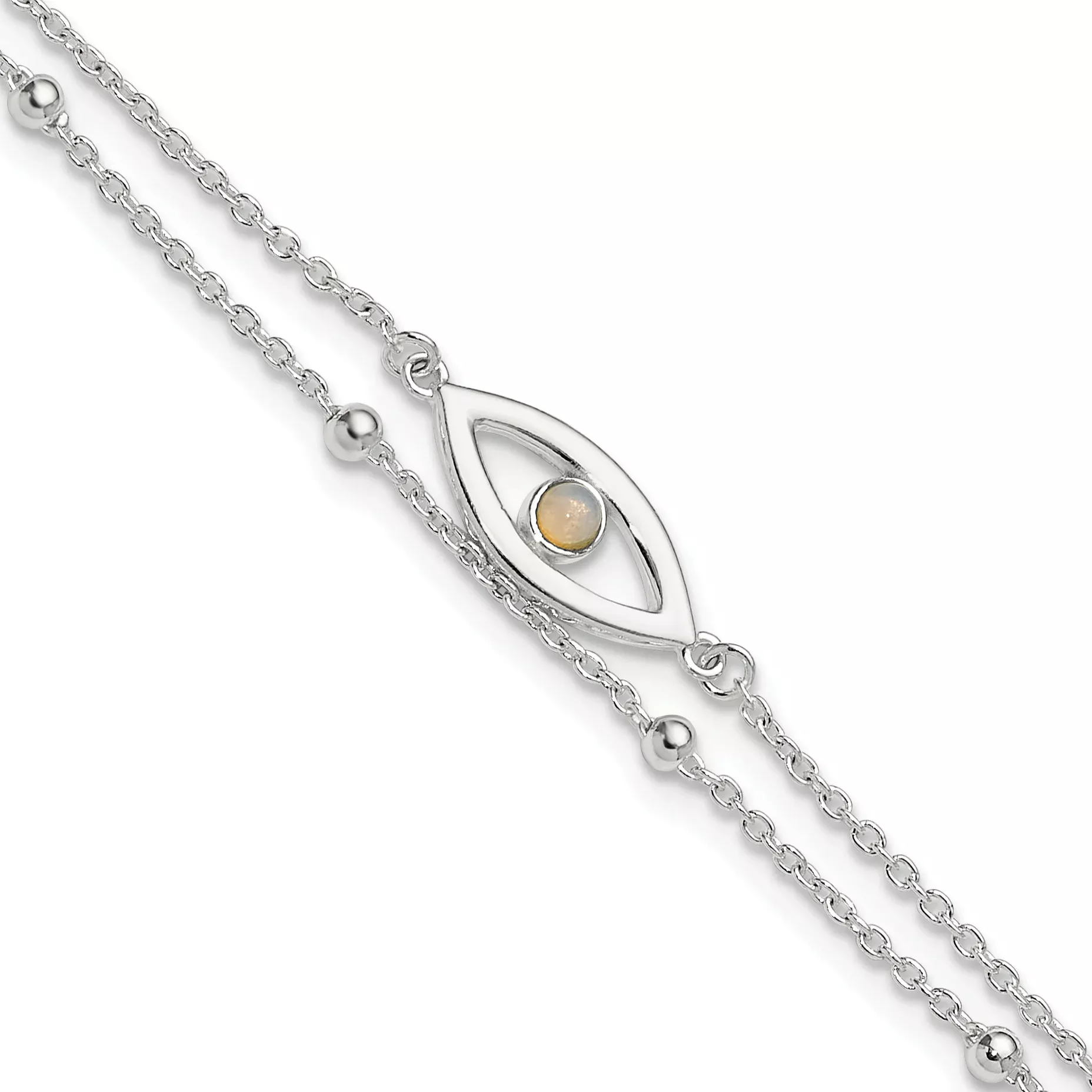Sterling Silver Polished Created Opal Eye and Bead 9in Plus 1in ext Anklet