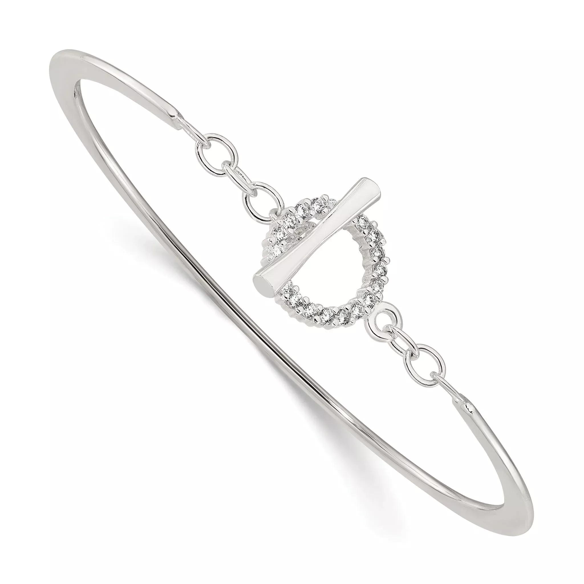 Sterling Silver Polished CZ Toggle Clasp Bangle Bracelet