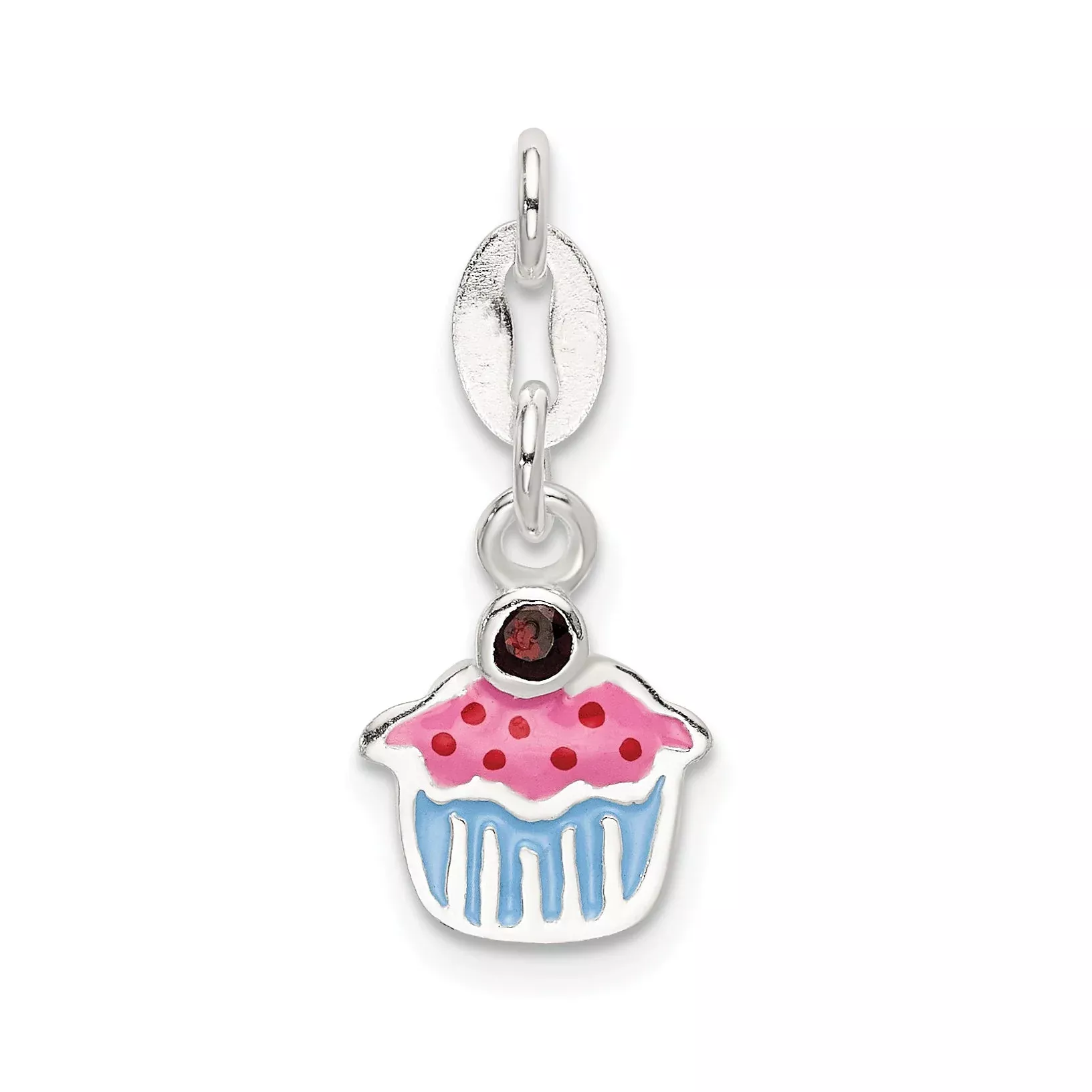 Sterling Silver Polished And Enameled Cupcake W/Garnet Charm
