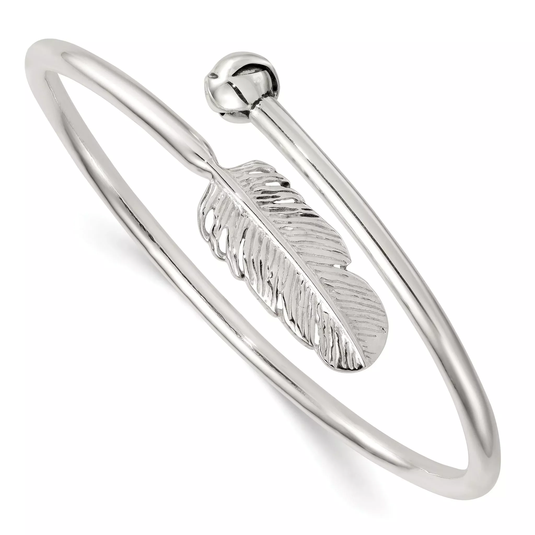 Sterling Silver Polished and Grooved Feather BypaSterling Silver Cuff Bangle