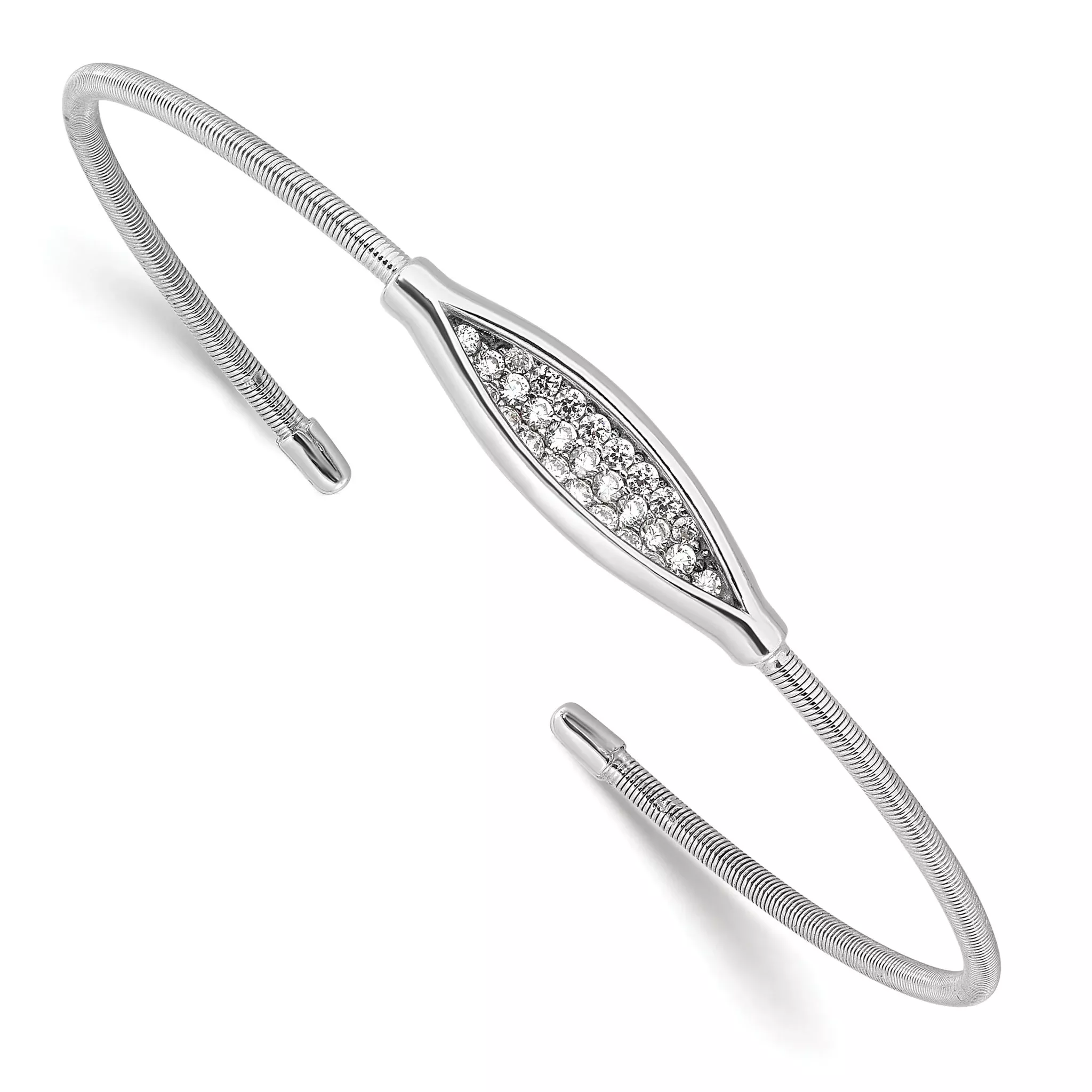 Sterling Silver Polished Rhodium-plated Textured CZ Cuff Bracelet