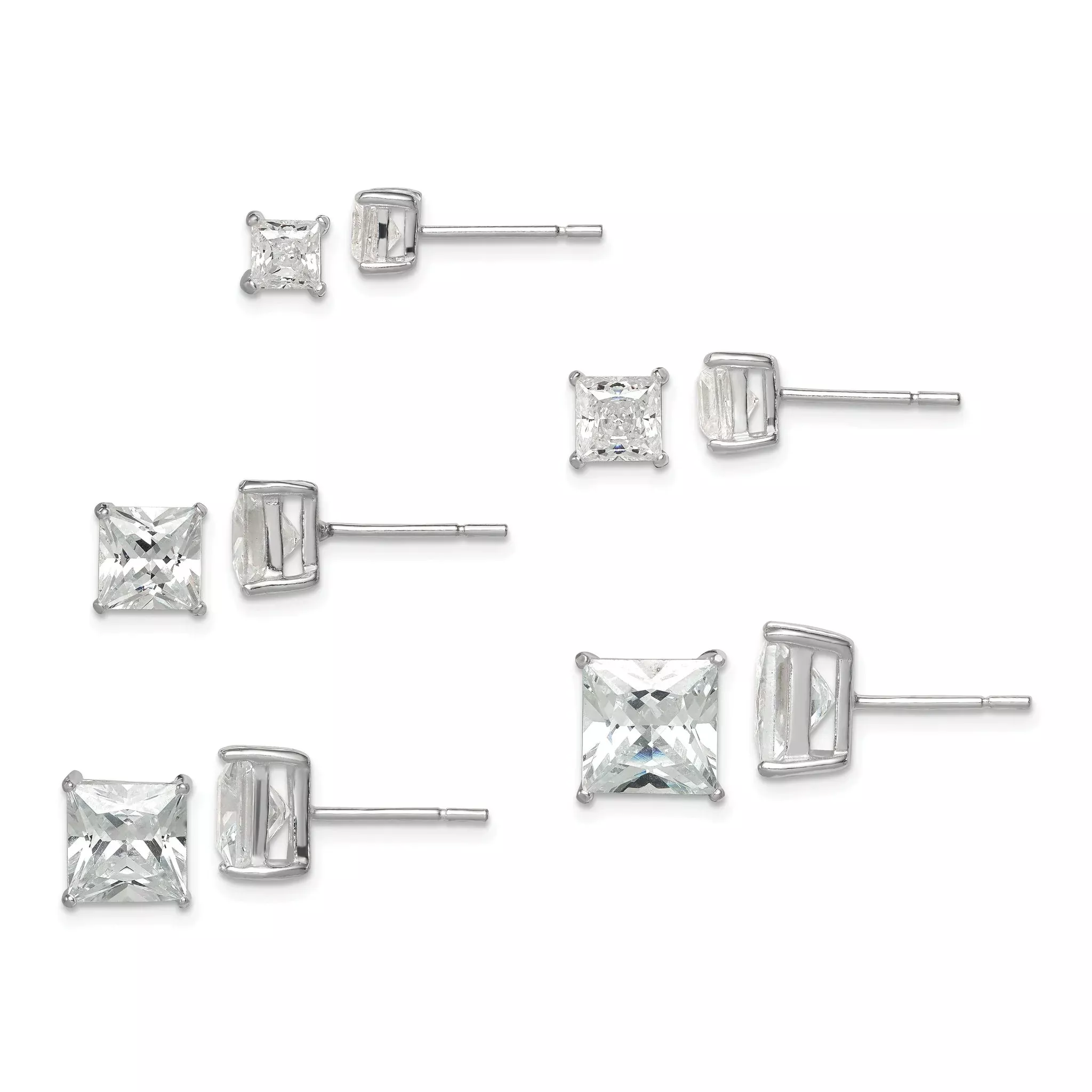 Sterling Silver Polished Square CZ 5-Pair Post Earrings Set
