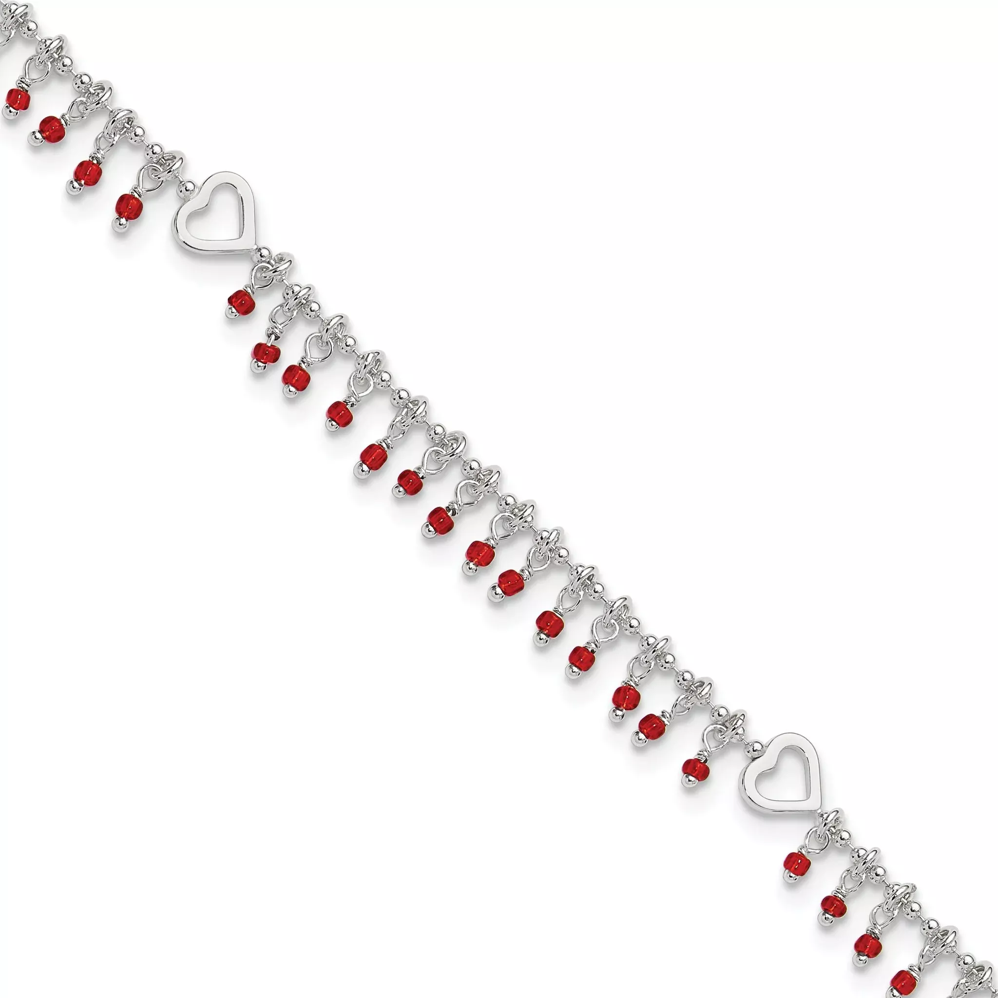 Sterling Silver Red Beads and Heart 10 inch Plus 1 inch Extender - Total 11 inch Anklet