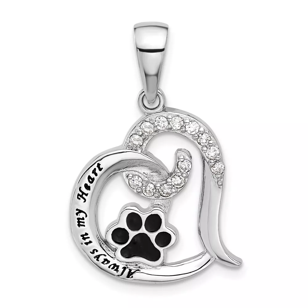 Sterling Silver Rh-plated Enamel CZPaw ALWAYS IN MY HEART Pendant