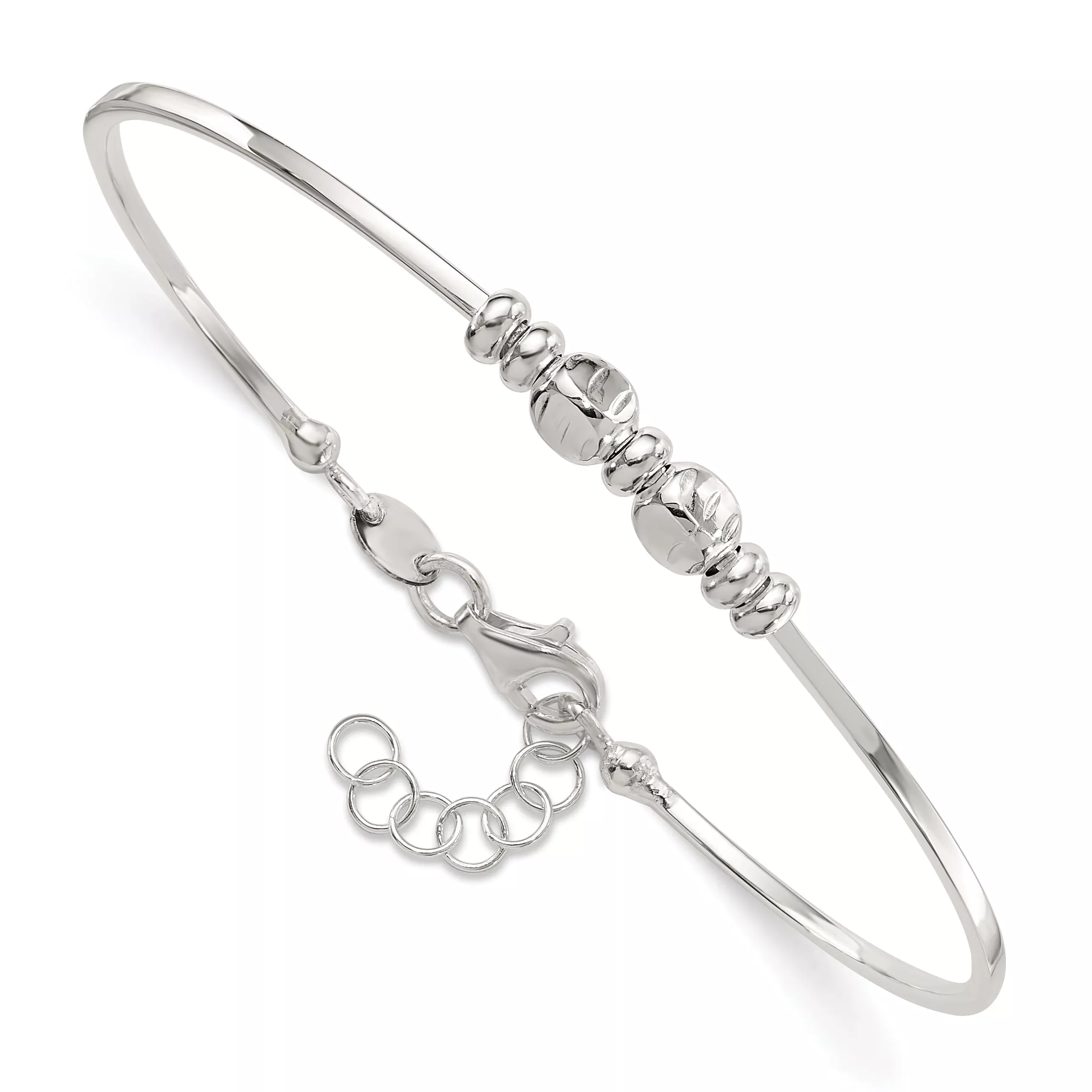 Sterling Silver Rhod-plated Polished Beads w/.75 in ext Bangle Bracelet