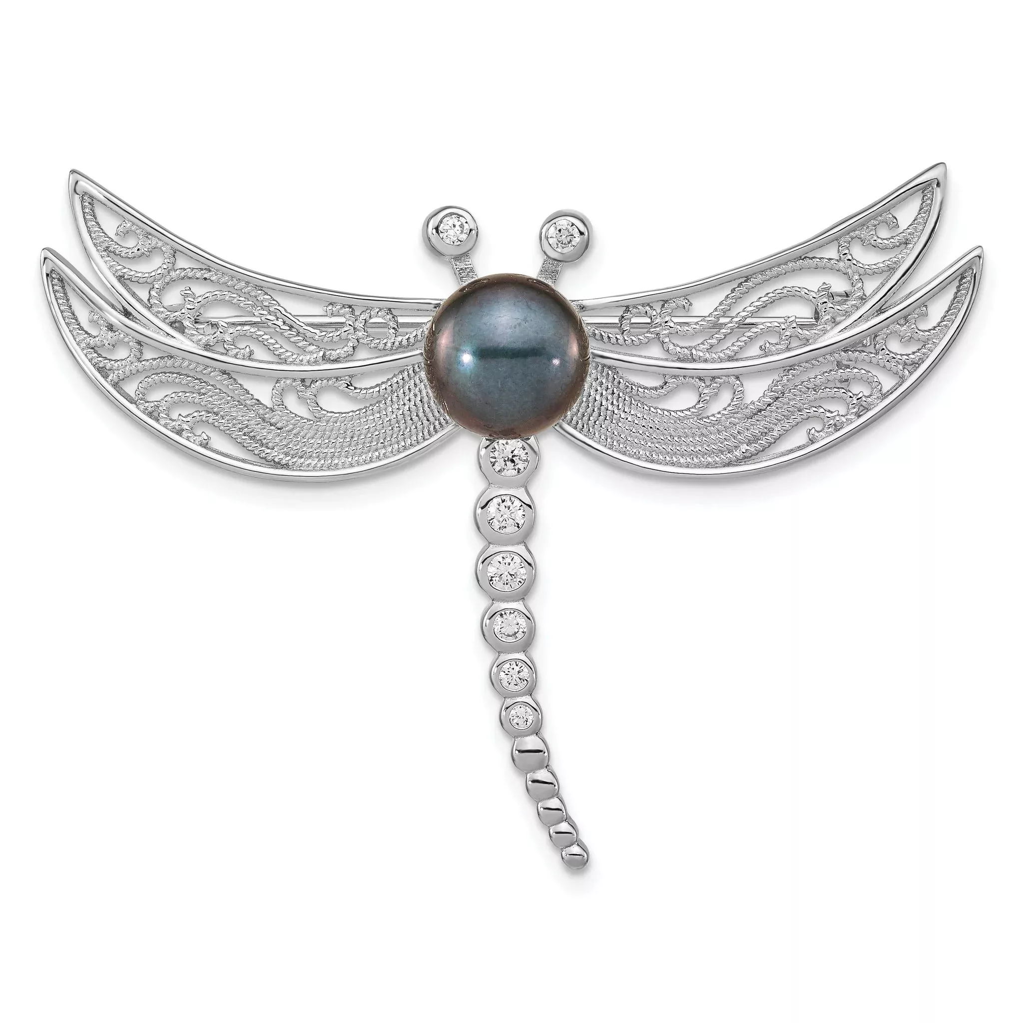 Sterling Silver Rhodium-plated 8-9mm Black Button Freshwater Cultured Pearl and CZ Dragonfly Brooch