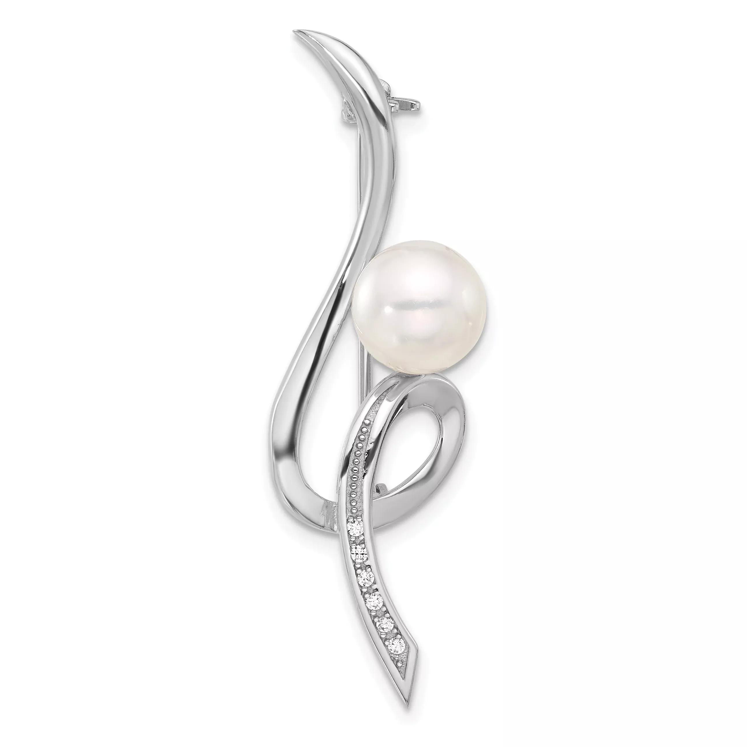 Sterling Silver Rhodium-plated 8-9mm White Button Freshwater Cultured Pearl and CZ Swirl Pin
