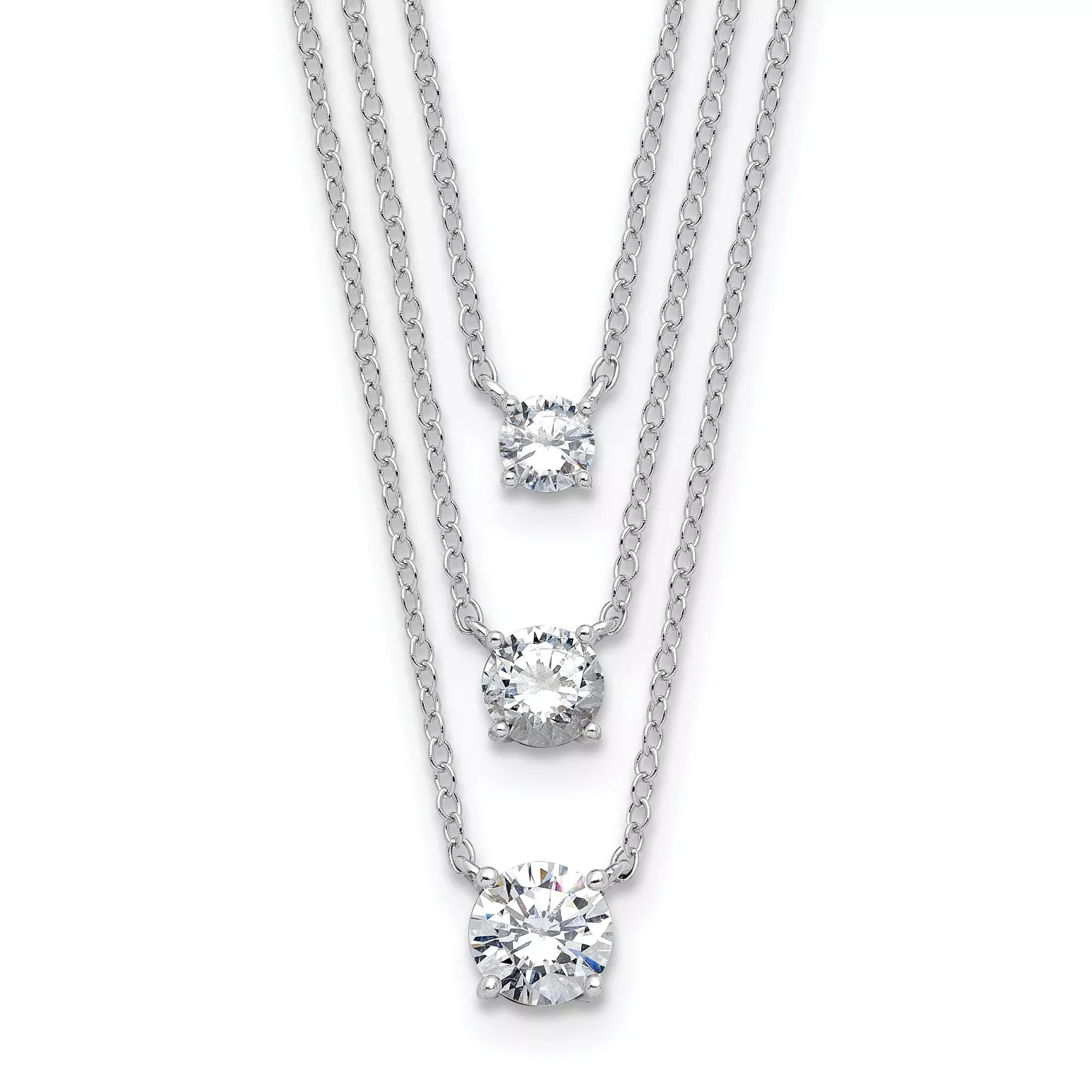 Sterling Silver Rhodium-plated CZ 3-Strand 14.5in w/2in ext Necklace