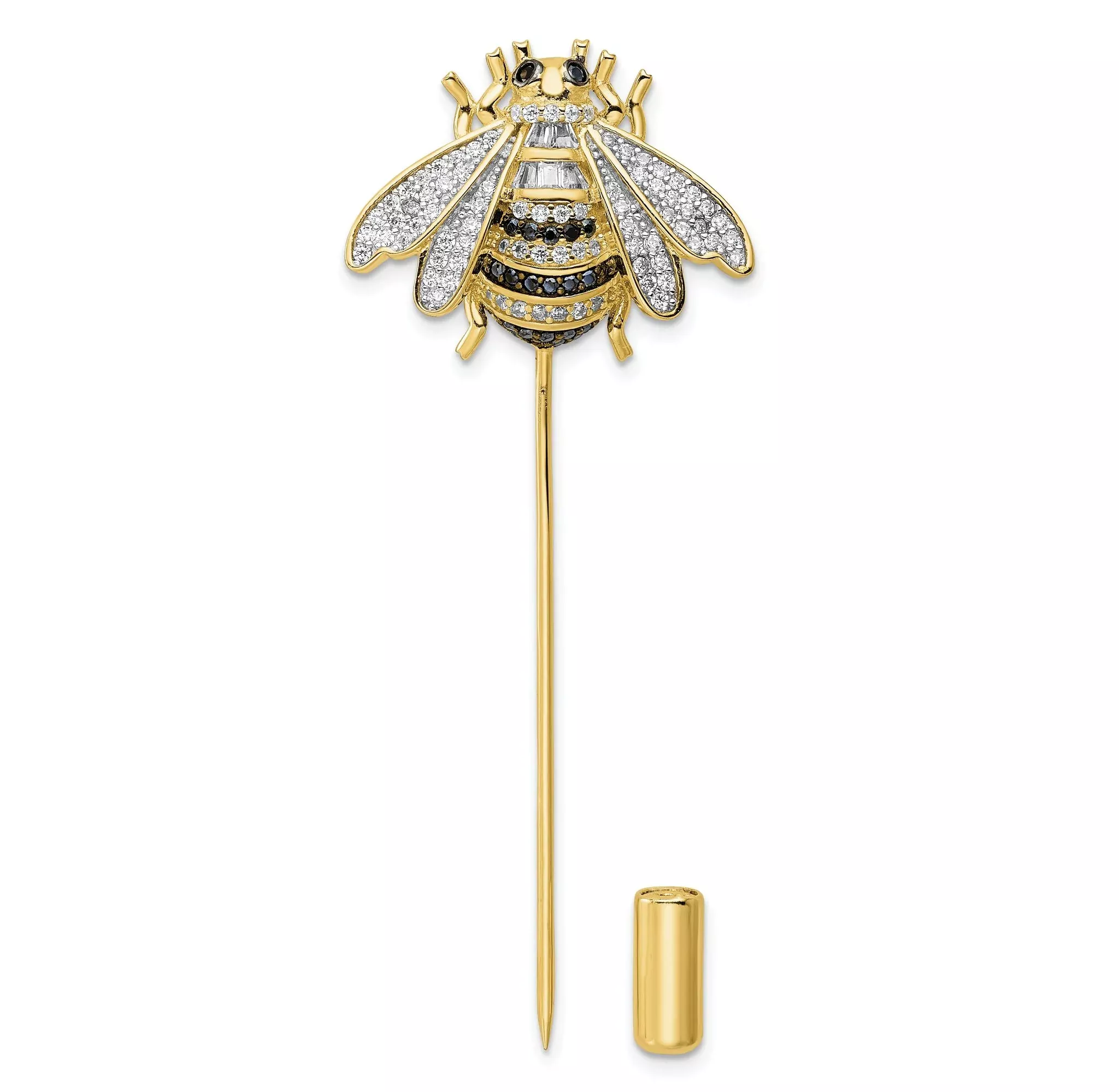 Sterling Silver Rhodium-plated Gold Tone Black and Clear CZ Bumblebee Pin