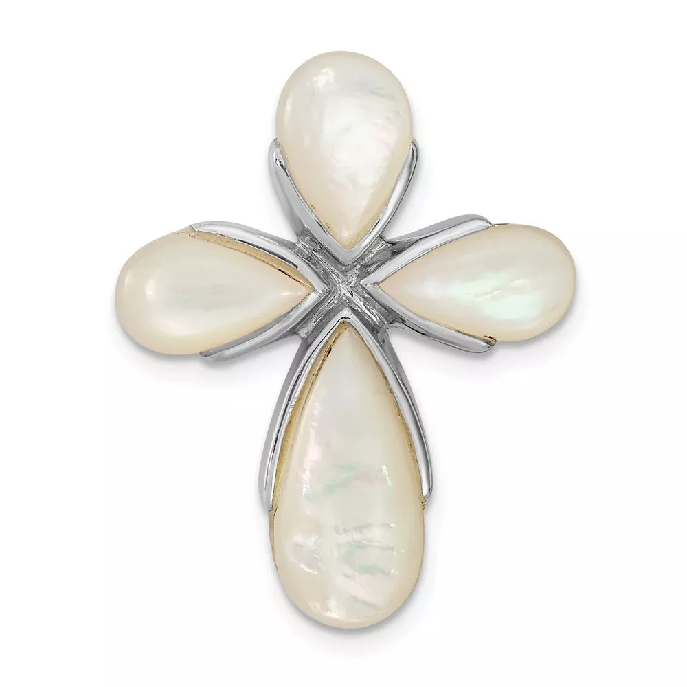 Sterling Silver Rhodium-Plated Mother Of Pearl Cross Chain Slide