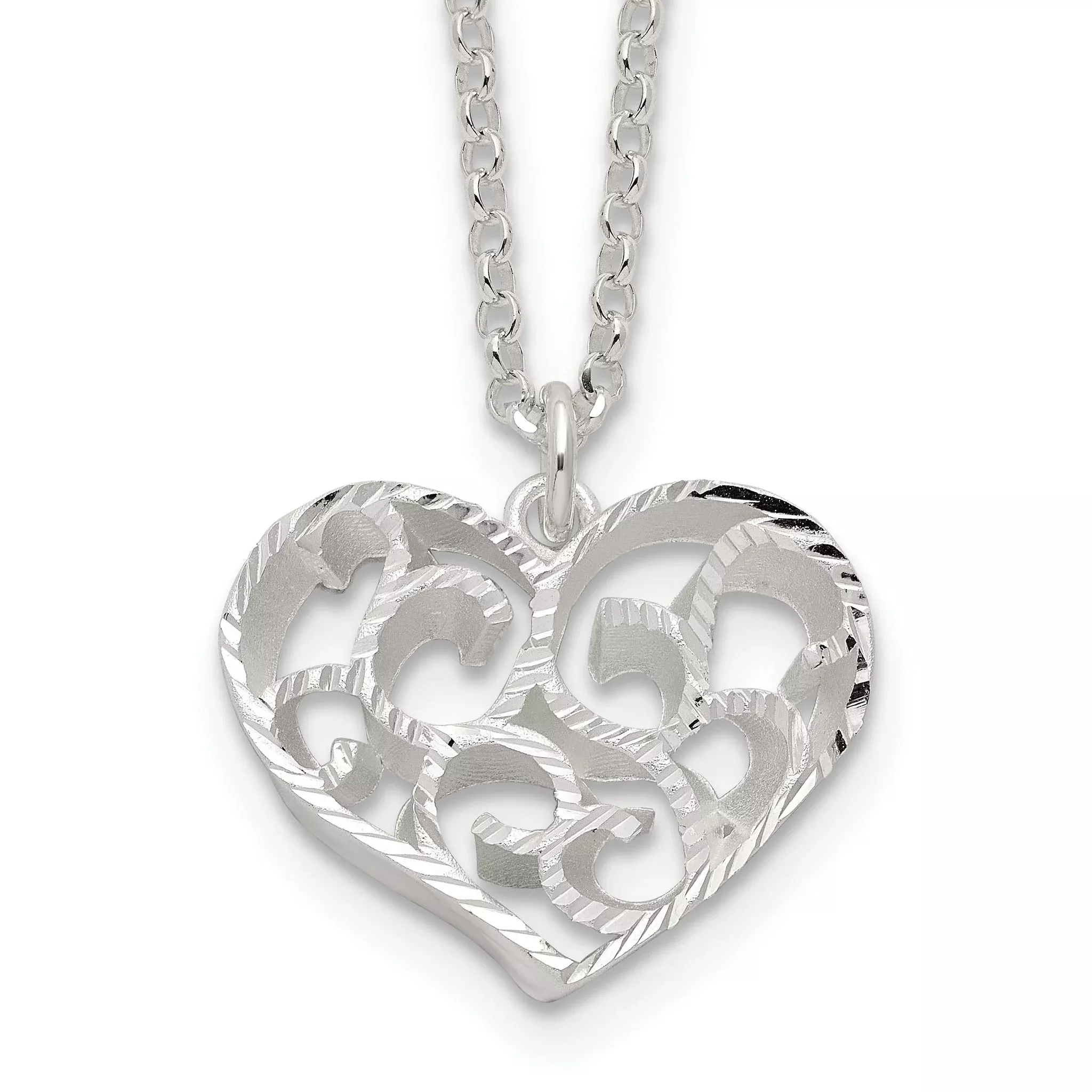 Sterling Silver Rhodium-Plated-pltd Brushed Diamond Cut Filigree Heart w/2 in ext Necklace