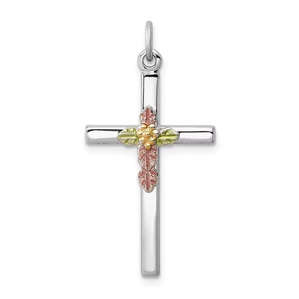 Sterling Silver Rhodium-Plated Polished Epoxy & Gold-Plated Cross Pendant
