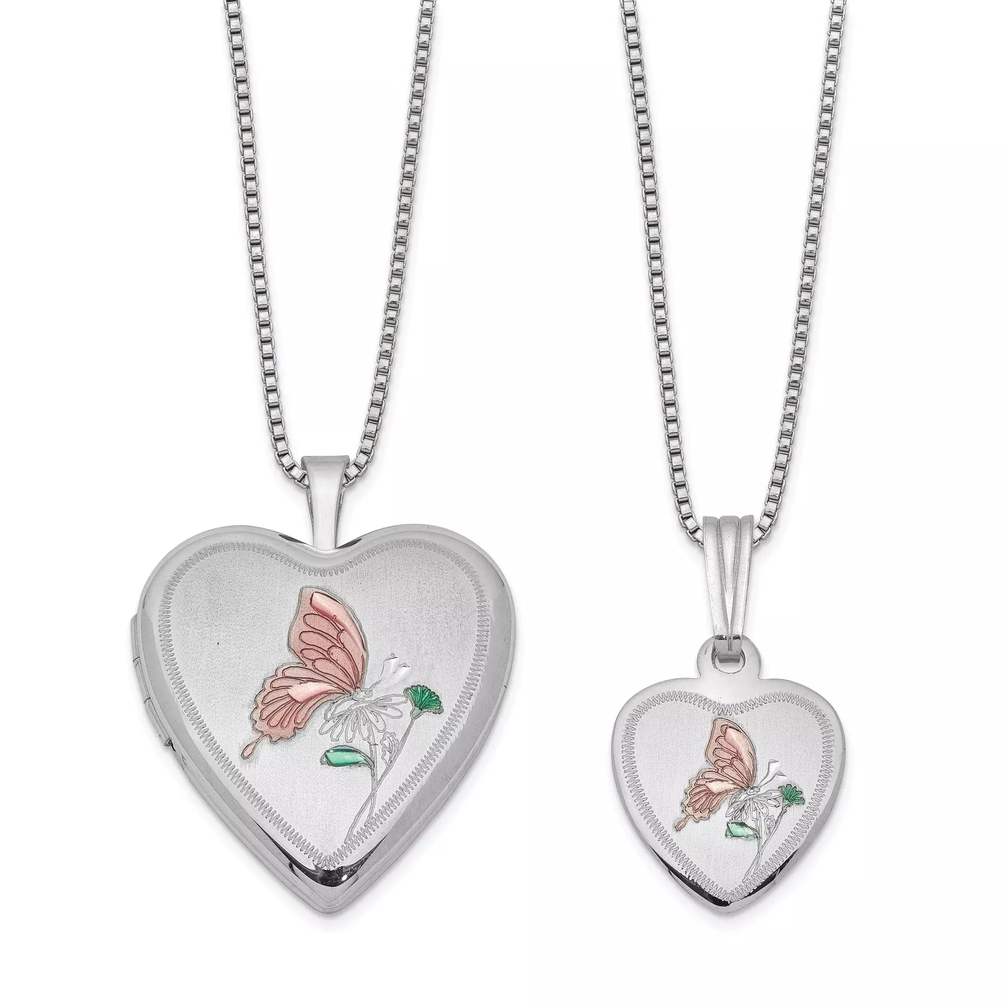 Sterling Silver Rhodium-plated Polished & Satin Enameled Butterfly Heart 18in Locket Necklace and 14in Pendant Necklace Set
