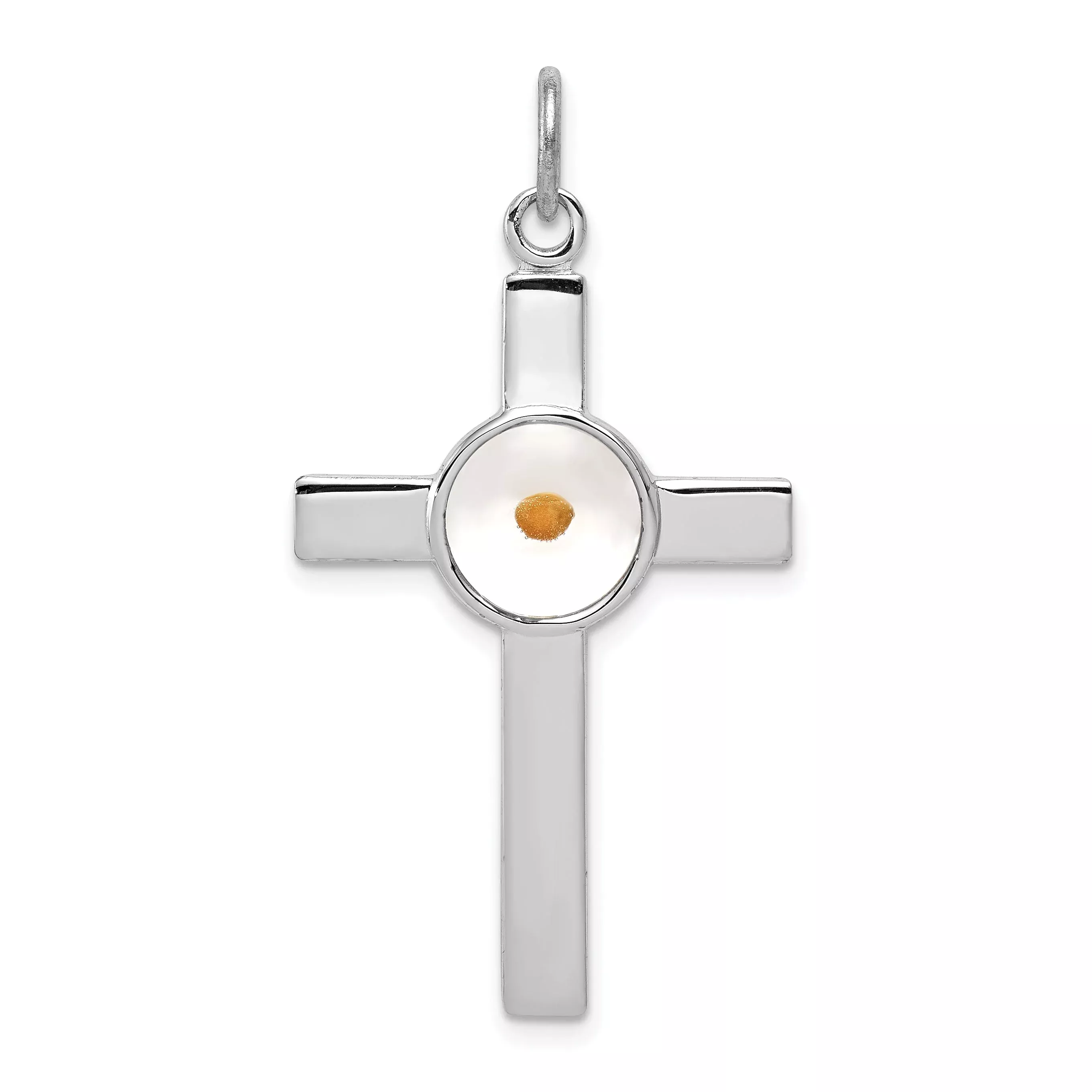Sterling Silver Rhodium-Plated Polshd & Epxy Cross W/Mustard Seed Pendant