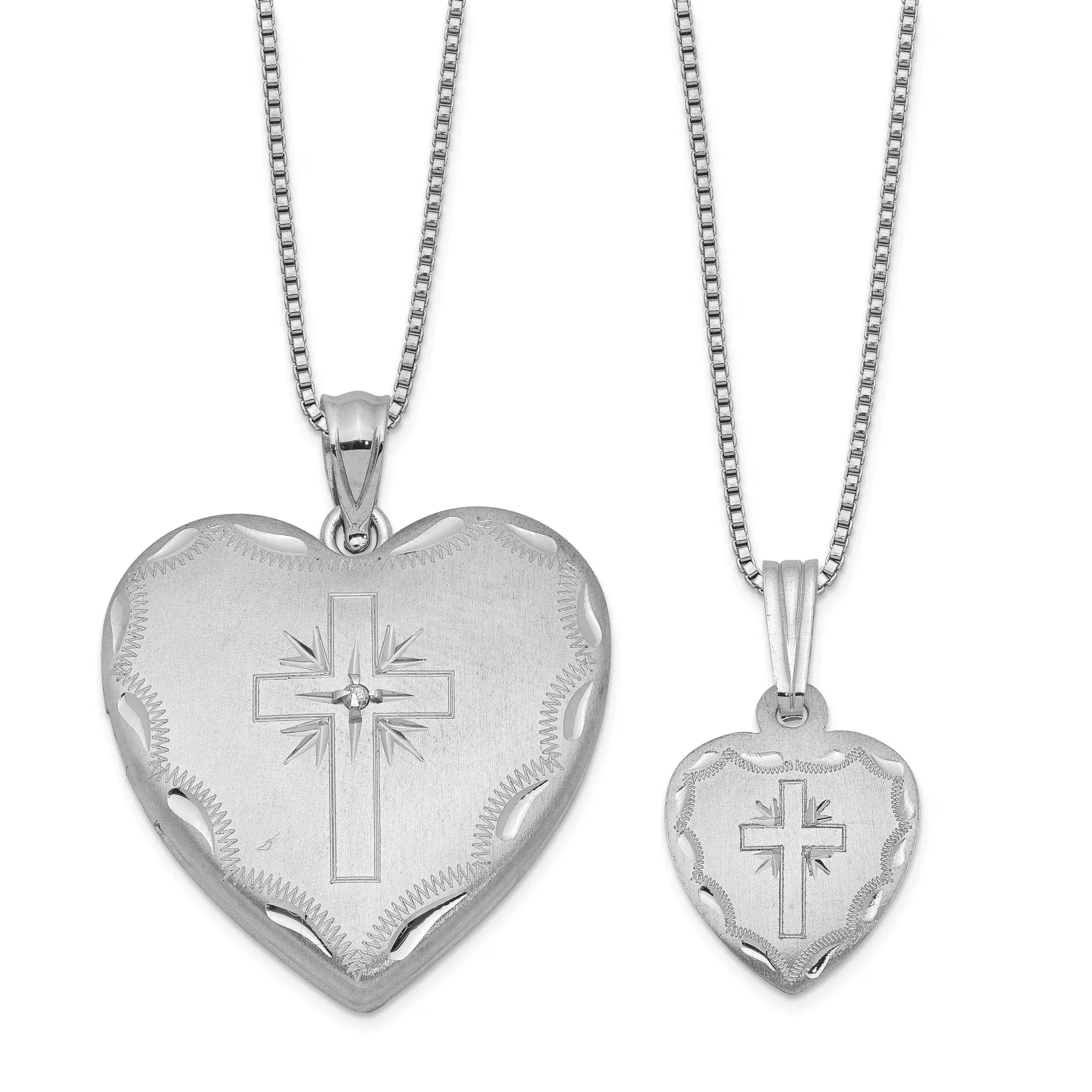 Sterling Silver Rhodium-plated Satin Diamond Cut 18in Diamond Cross Heart Locket Necklace & 14in Cross Heart Pendant Necklace Set