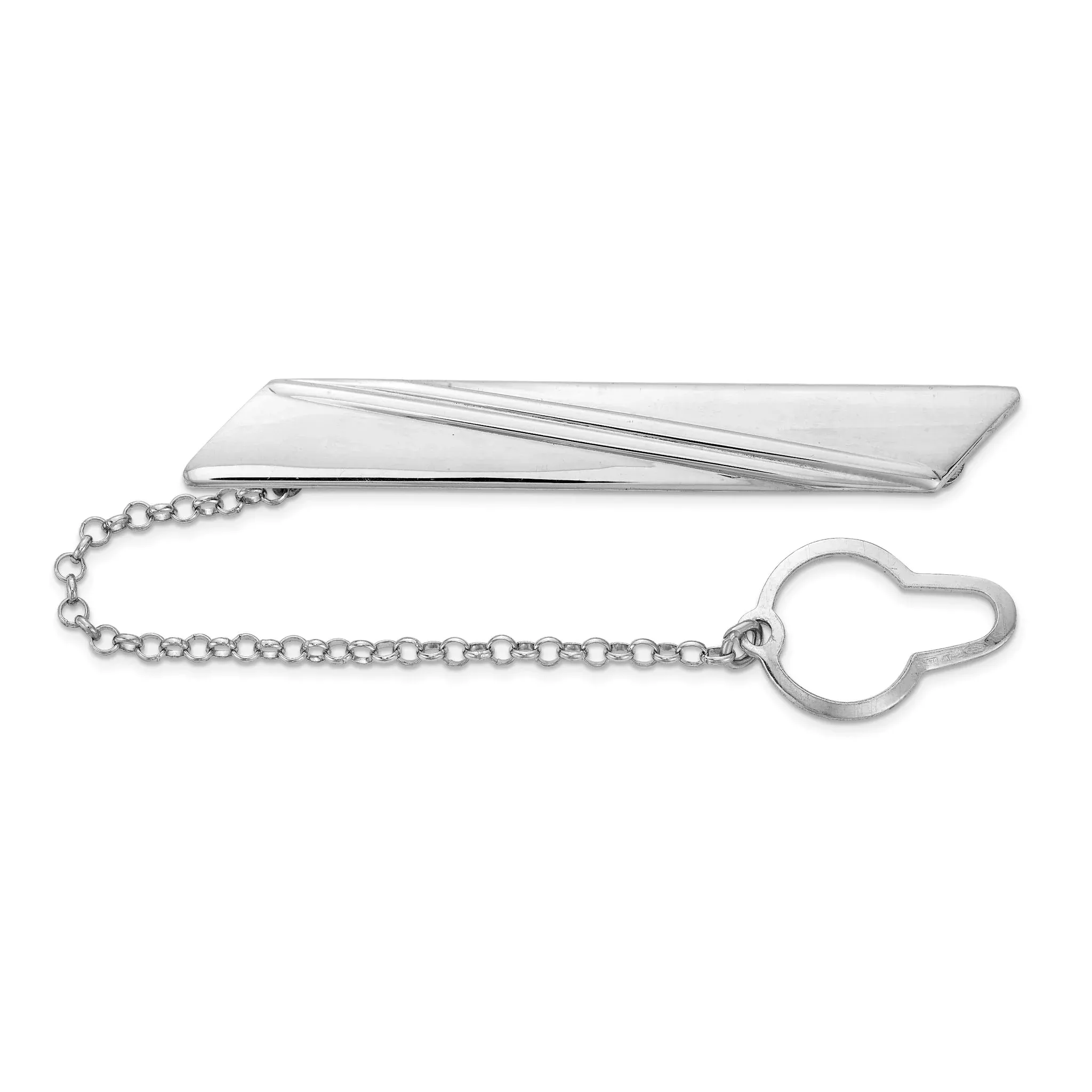 Sterling Silver Rhodium-plated Stripe Design w/Button Chain Tie Bar