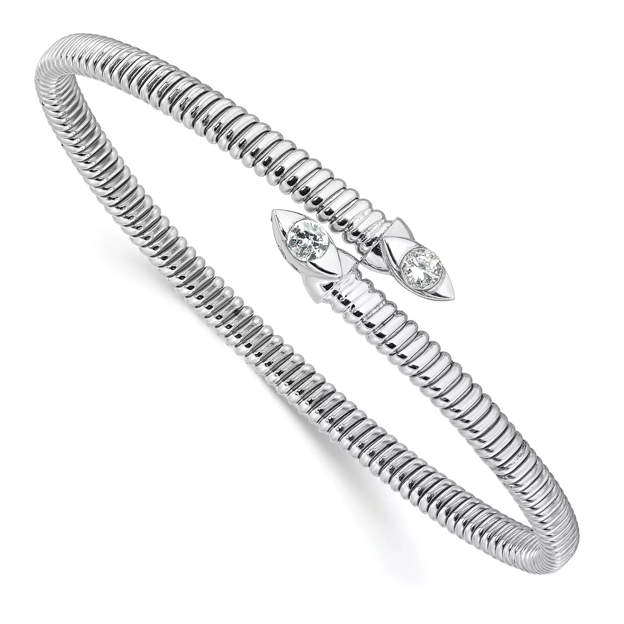 Sterling Silver Rhodium-plated Textured CZ Bypass Cuff Bangle Bracelet