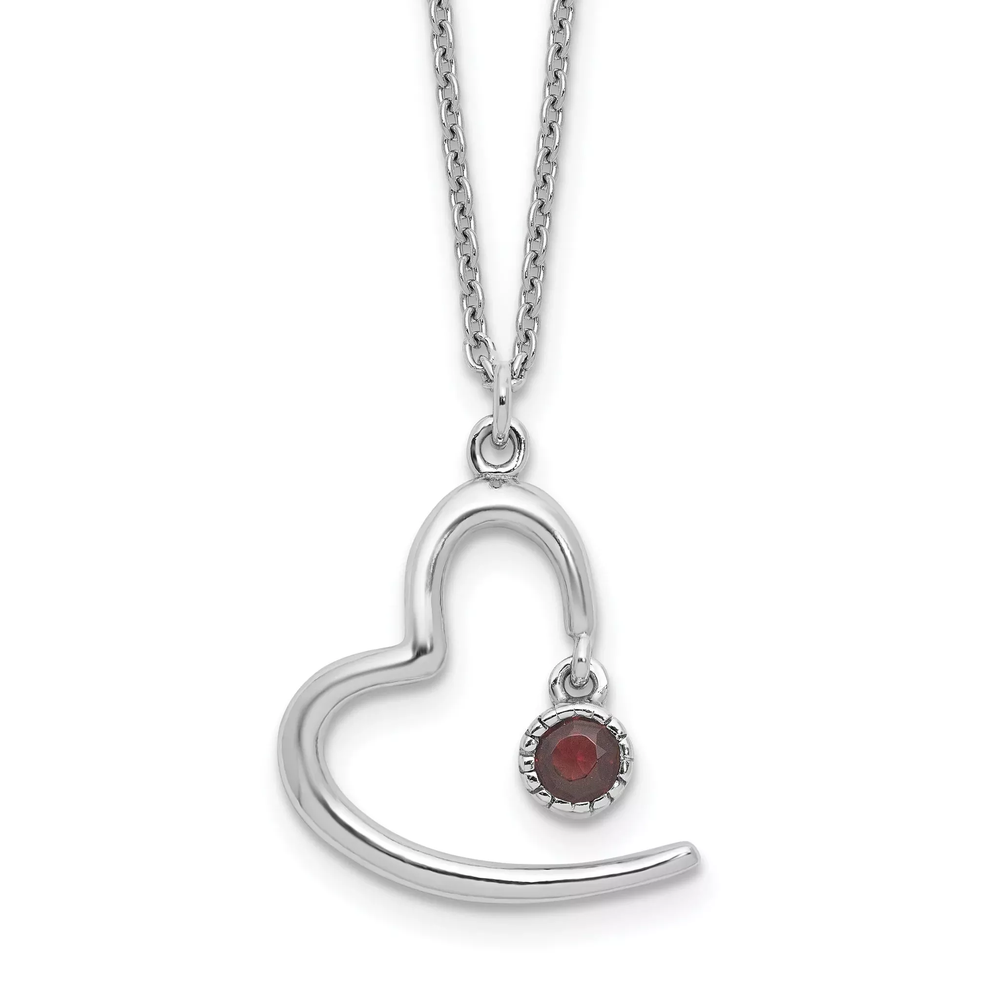 Sterling Silver Rhodium-Platedod-pltd Open Heart .06 Garnet 16in With 2 Inch Extention Necklace