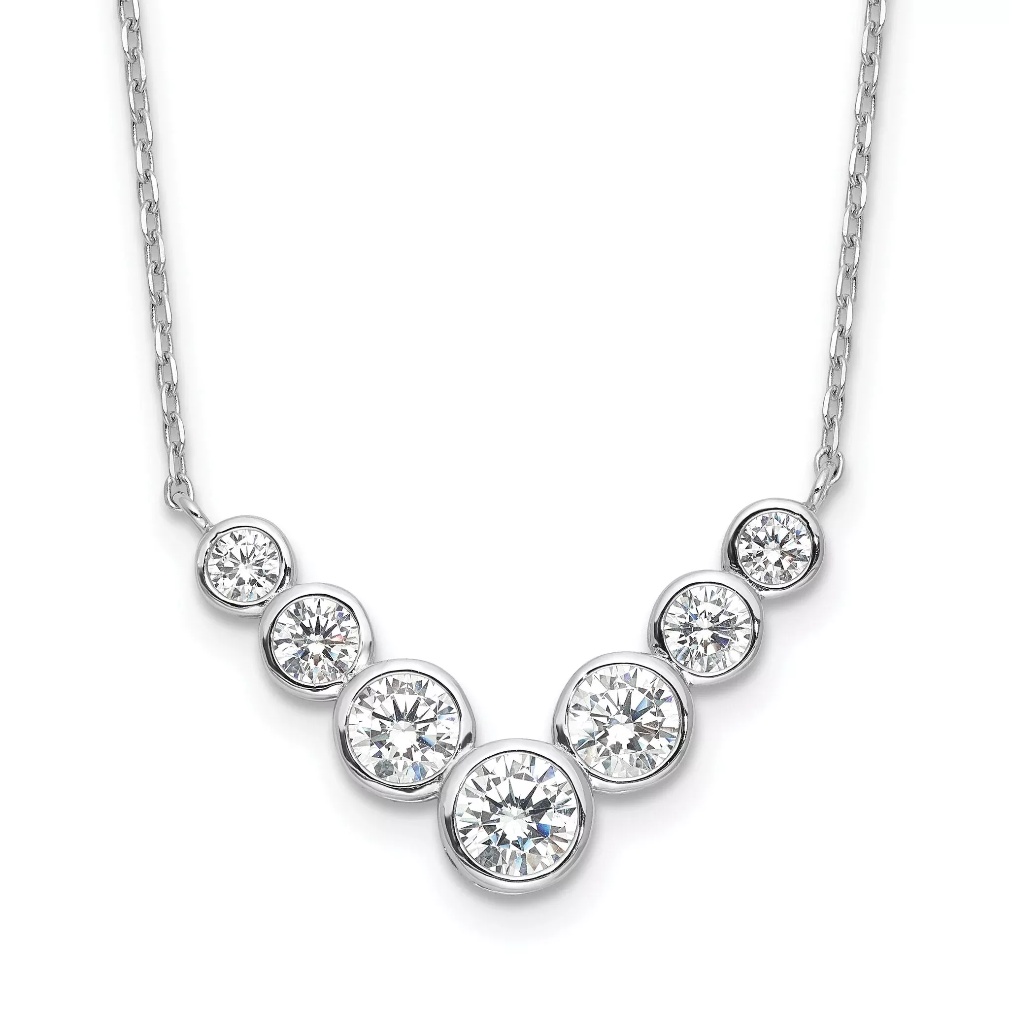 Sterling Silver Rhodium-Rhodium-Plated 7 Bezel Set CZ 18in With 2 Inch Extention. Necklace