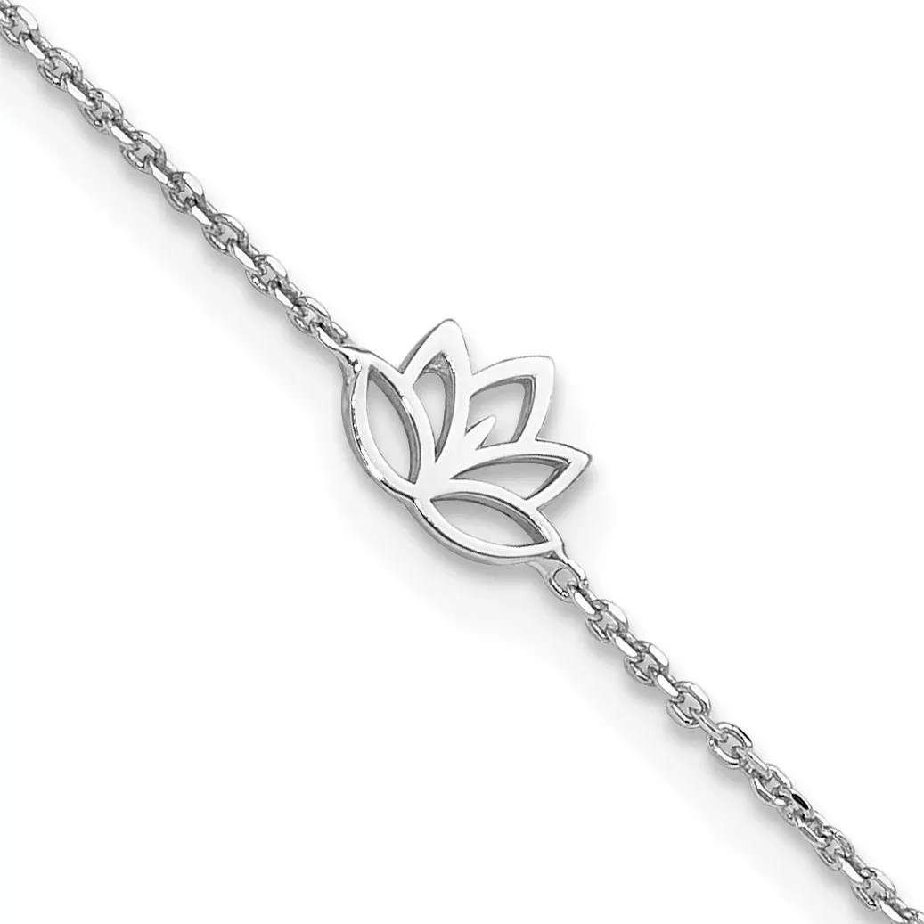 Sterling Silver Rhodium-Rhodium-Plated Louts Flower 9in Plus 1in ext. Anklet