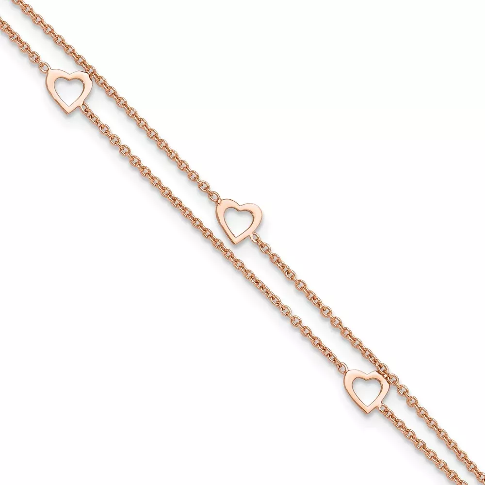 Sterling Silver Rose-Tone Polished Heart 9In Plus 1In Anklet