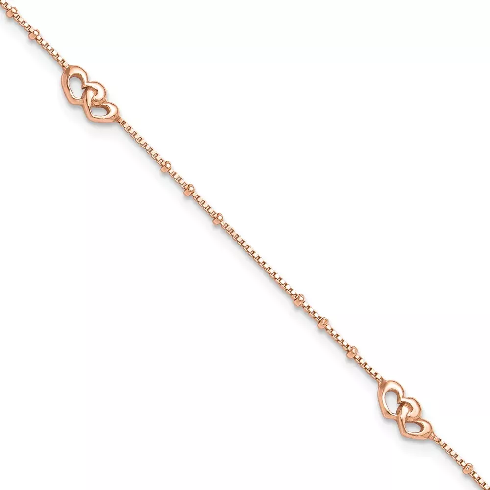 Sterling Silver Rose-Tone Polished Hearts 9In Plus 1In Ext Anklet