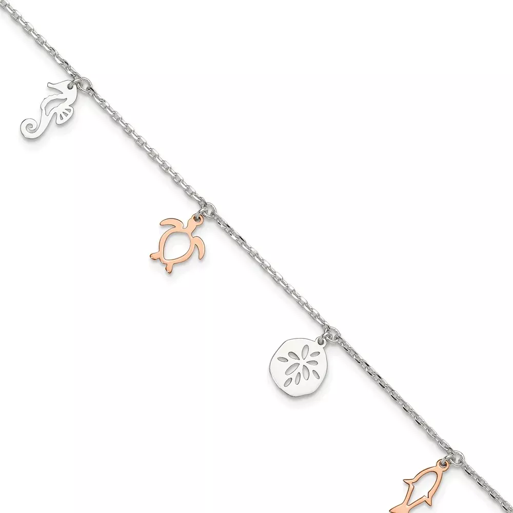 Sterling Silver Rose-Tone Seashore Dangles 9In Plus 1In Ext. Anklet