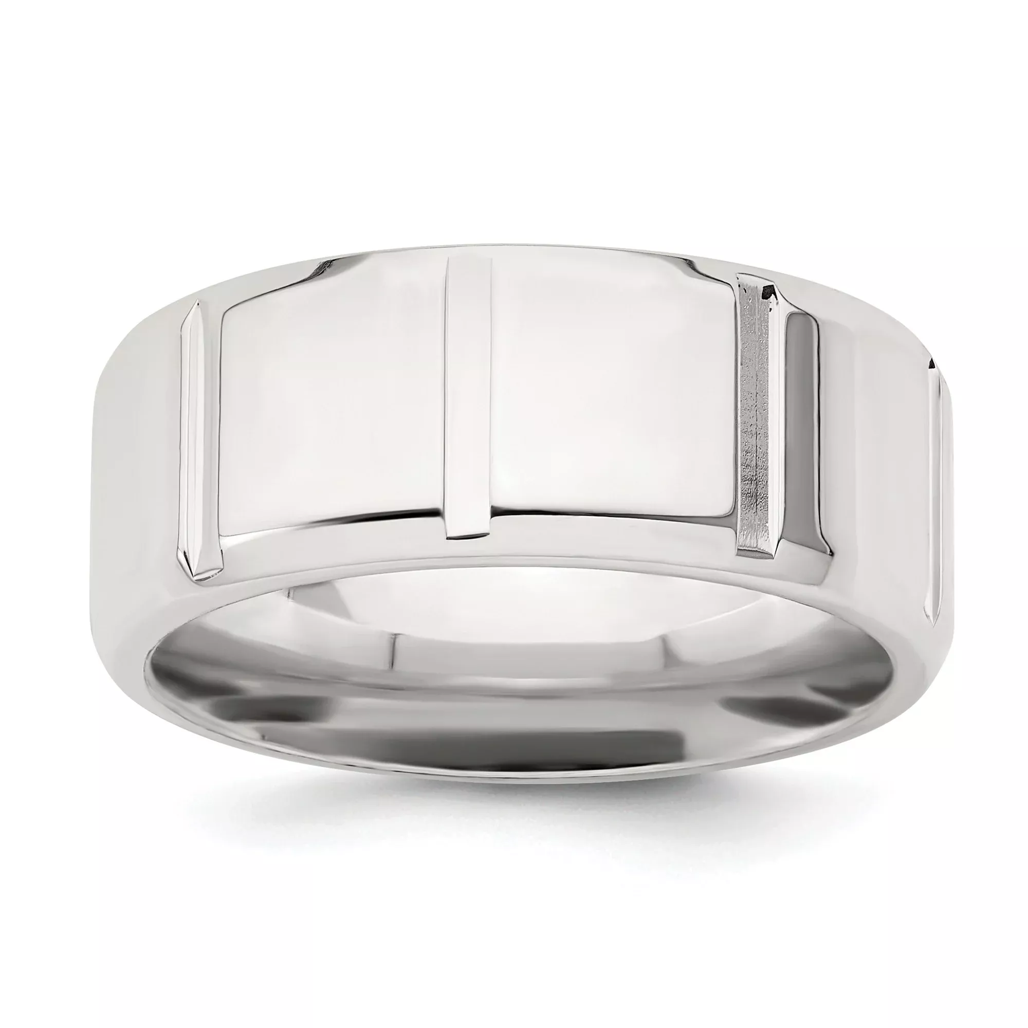 Sterling Silver Solid Flat Wedding Band 8mm With Notched Beveled Edge Polished Ring