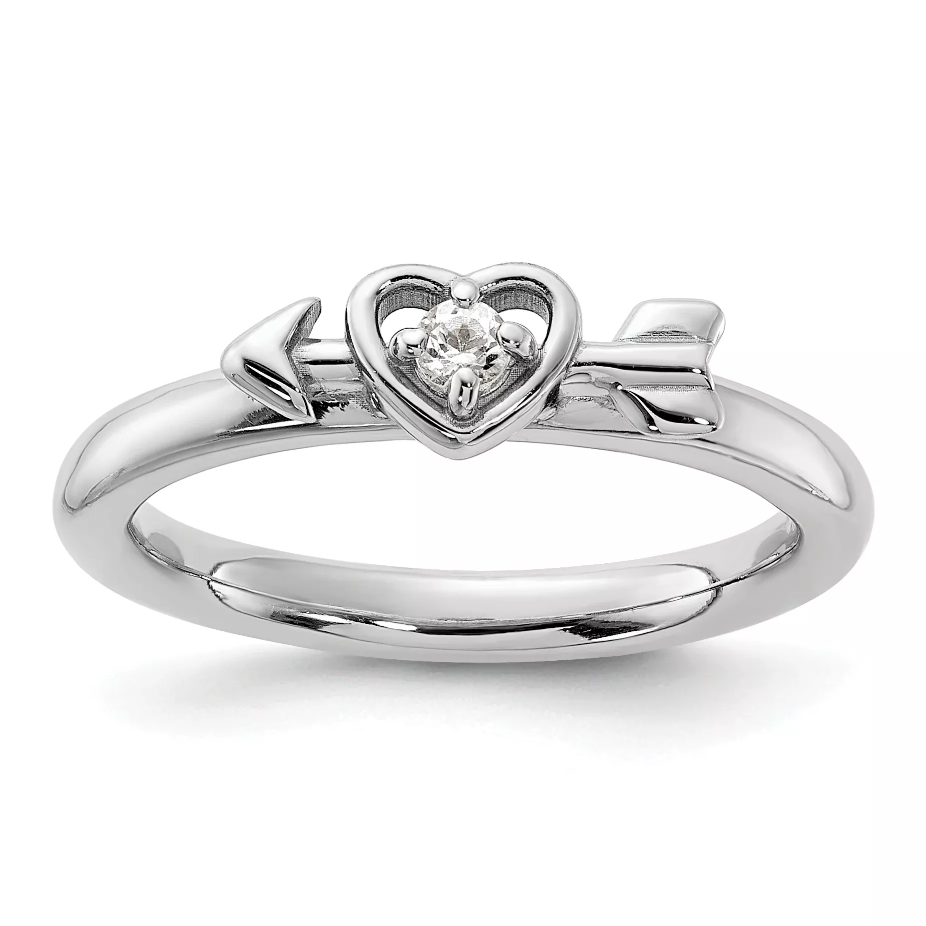 Sterling Silver Stackable Expressions Rhodium-plated White Topaz Heart with Arrow Ring