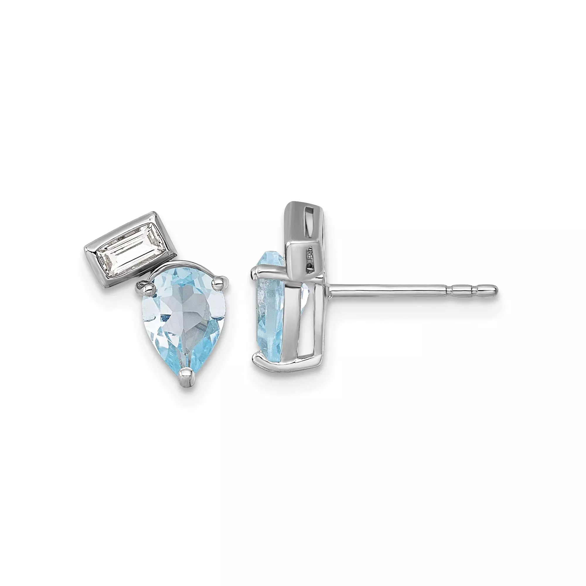 Sterling Silver Stud Earrings with Pear-Shaped Swiss Blue Topaz and Baguette White Topaz