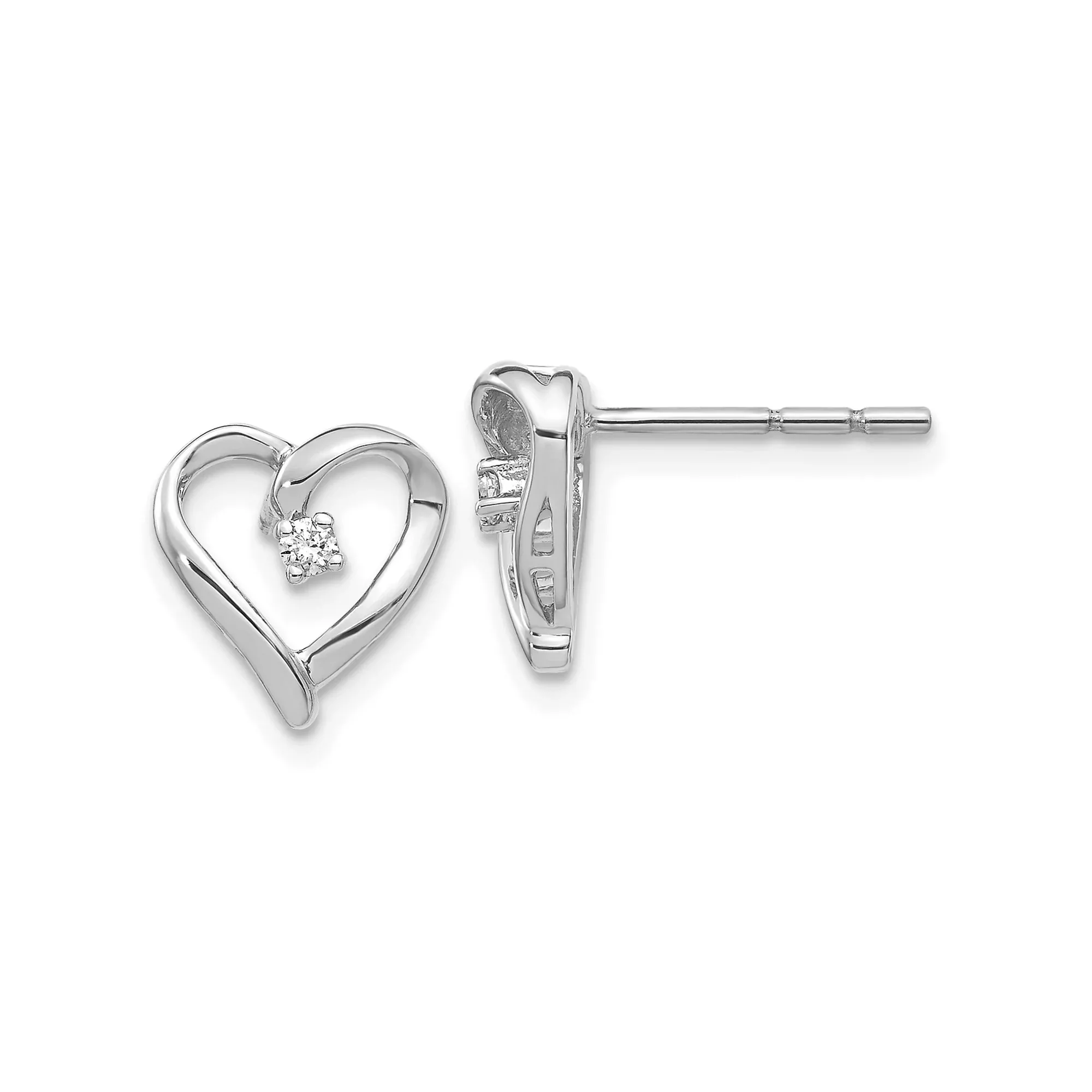 White Gold Heart Shaped Stud Earrings with Diamond Accent, Open Heart Design