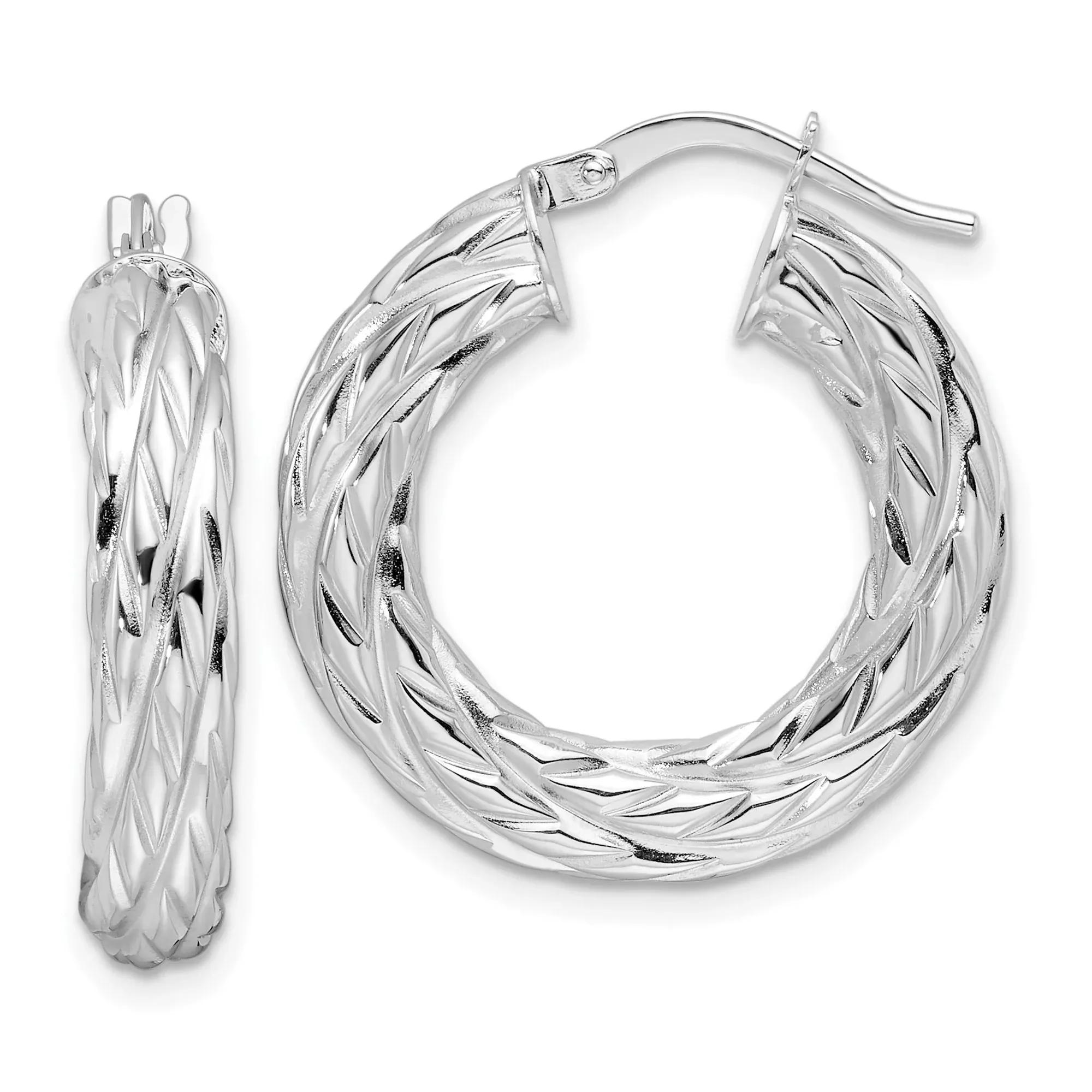 White Gold Hoop Earrings with Braided Twist Design and Woven Texture for Women