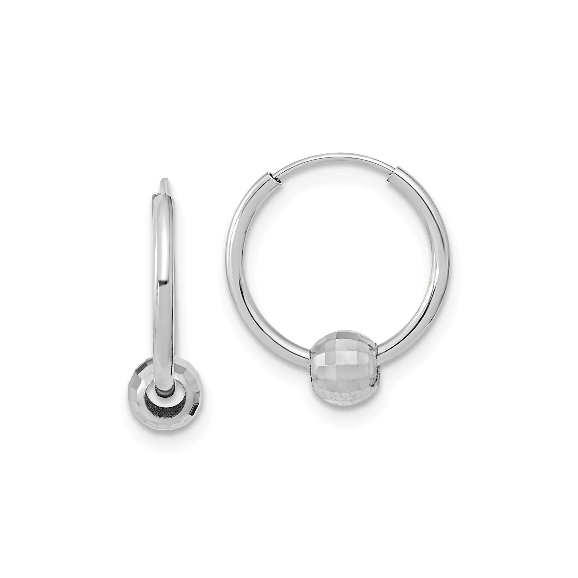 White Gold Hoop Earrings with Faceted Bead Accent, Lightweight Minimalist Design for Women