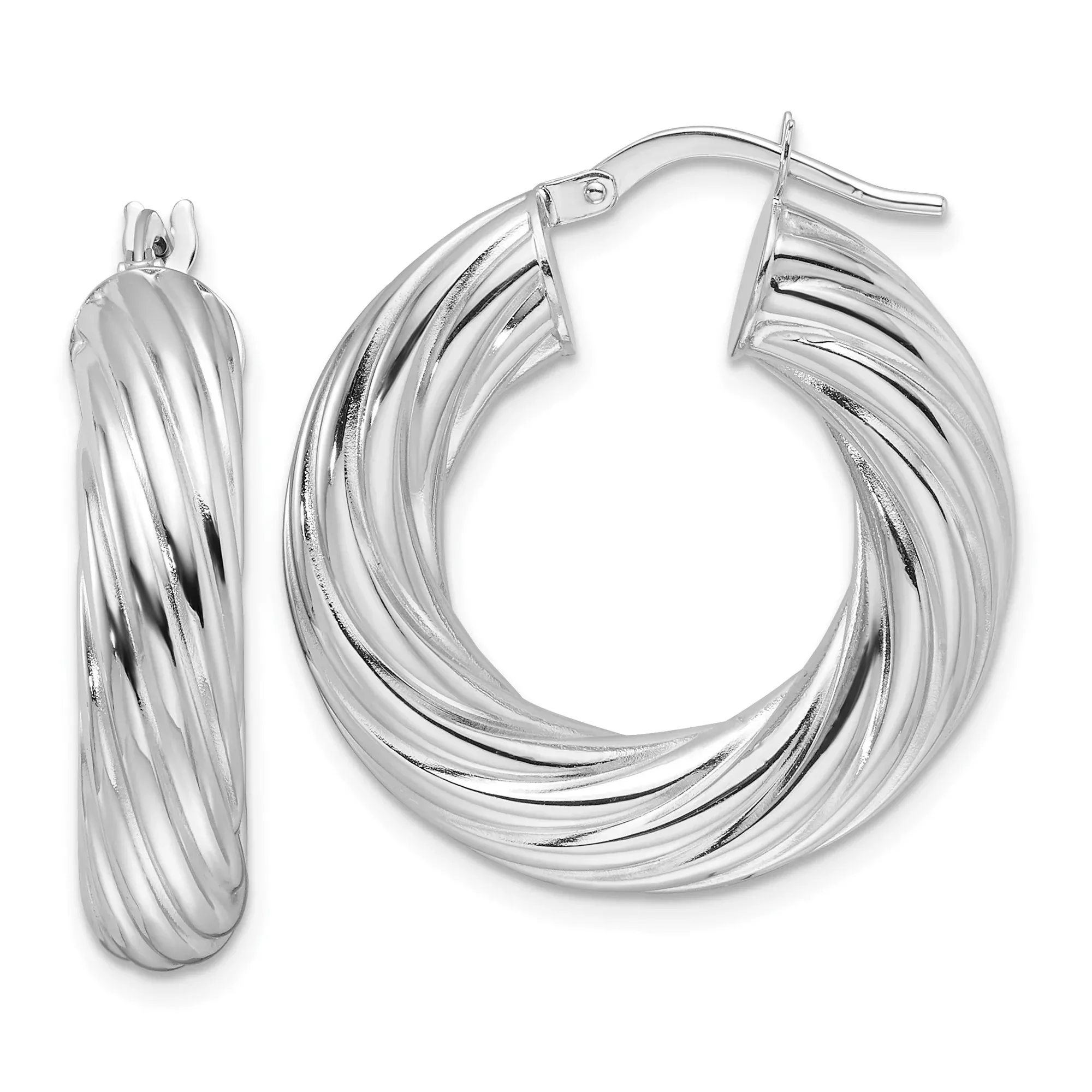 White Gold Twisted Hoop Earrings, Polished Round Hoops with Textured Finish