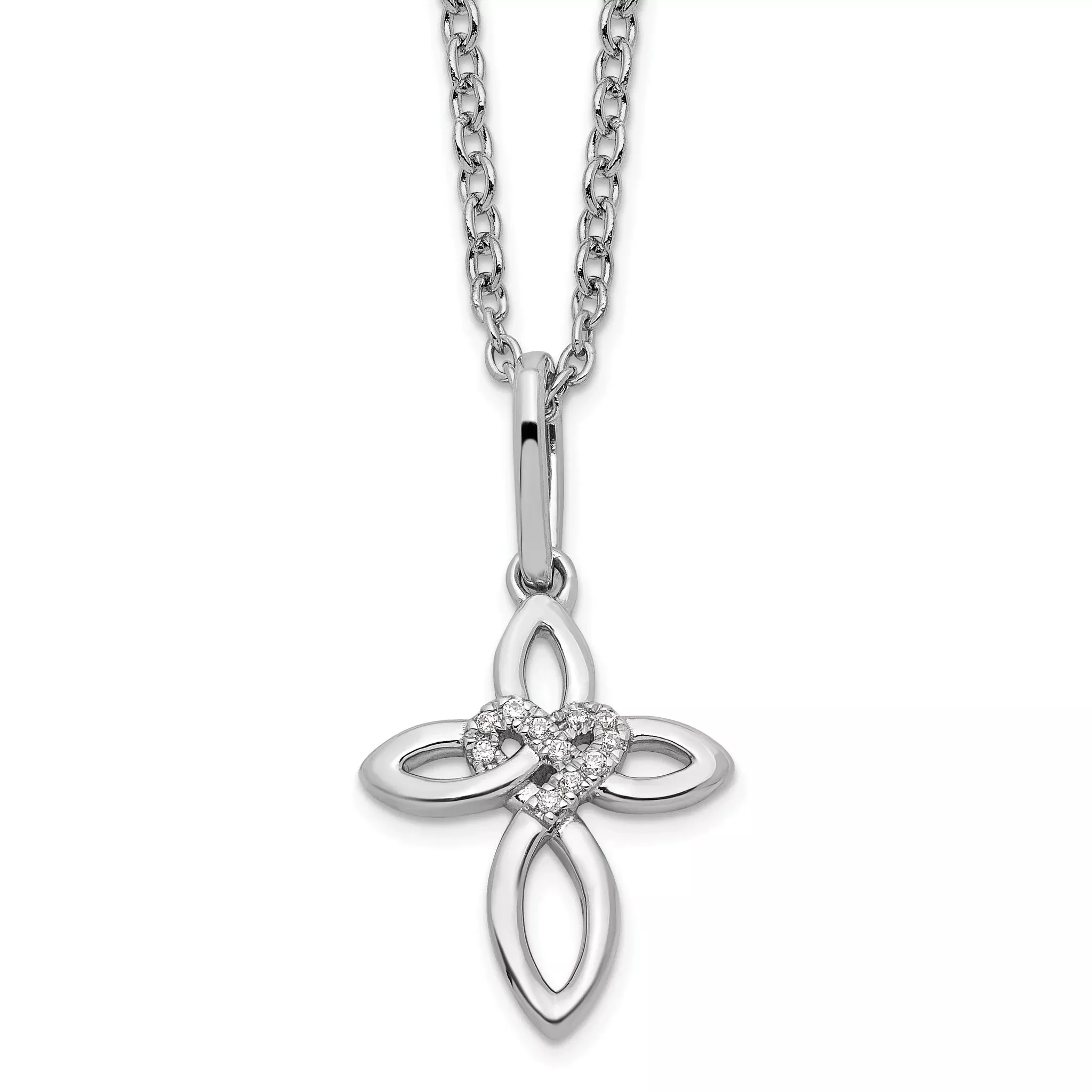 White Ice Sterling Silver Rhodium-Rhodium-Plated 18 Inch Diamond Cross with Heart Necklace with 2 Inch Extender