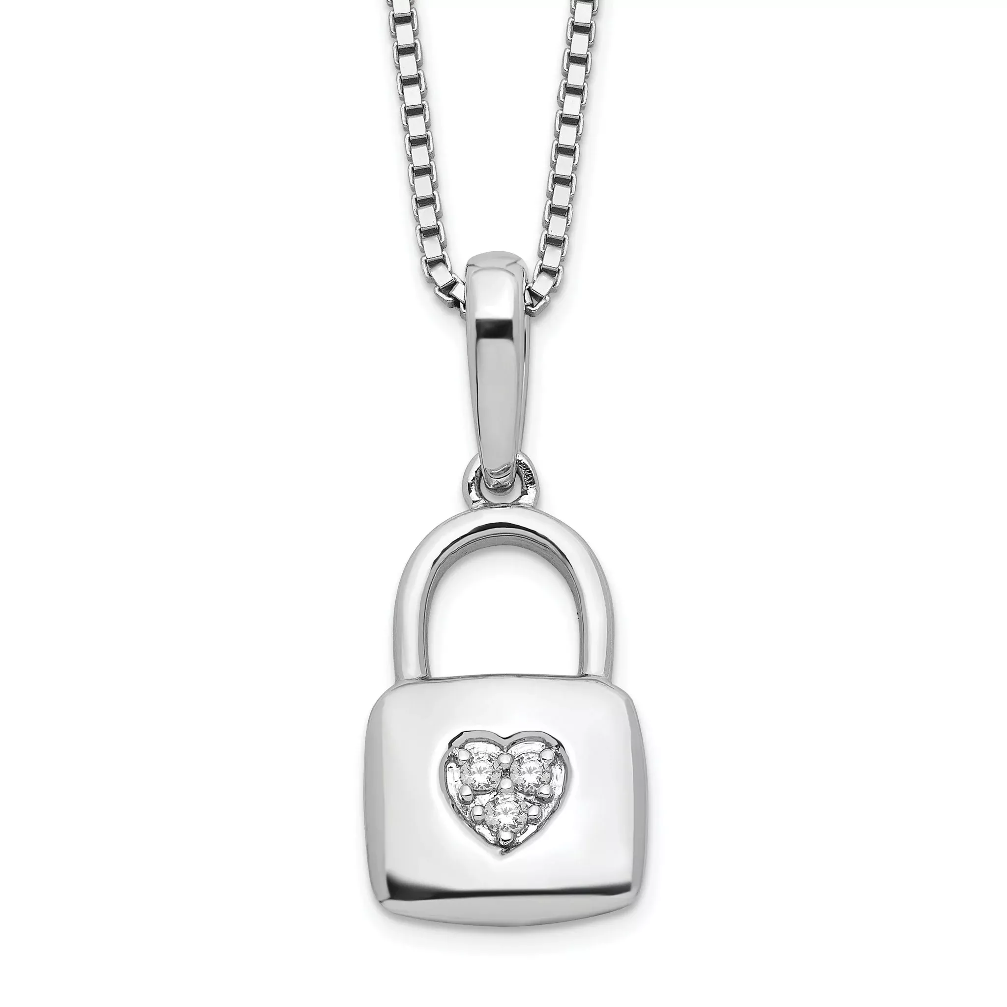 White Ice Sterling Silver Rhodium-Rhodium-Plated 18 Inch Diamond Heart Lock Necklace with 2 Inch Extender