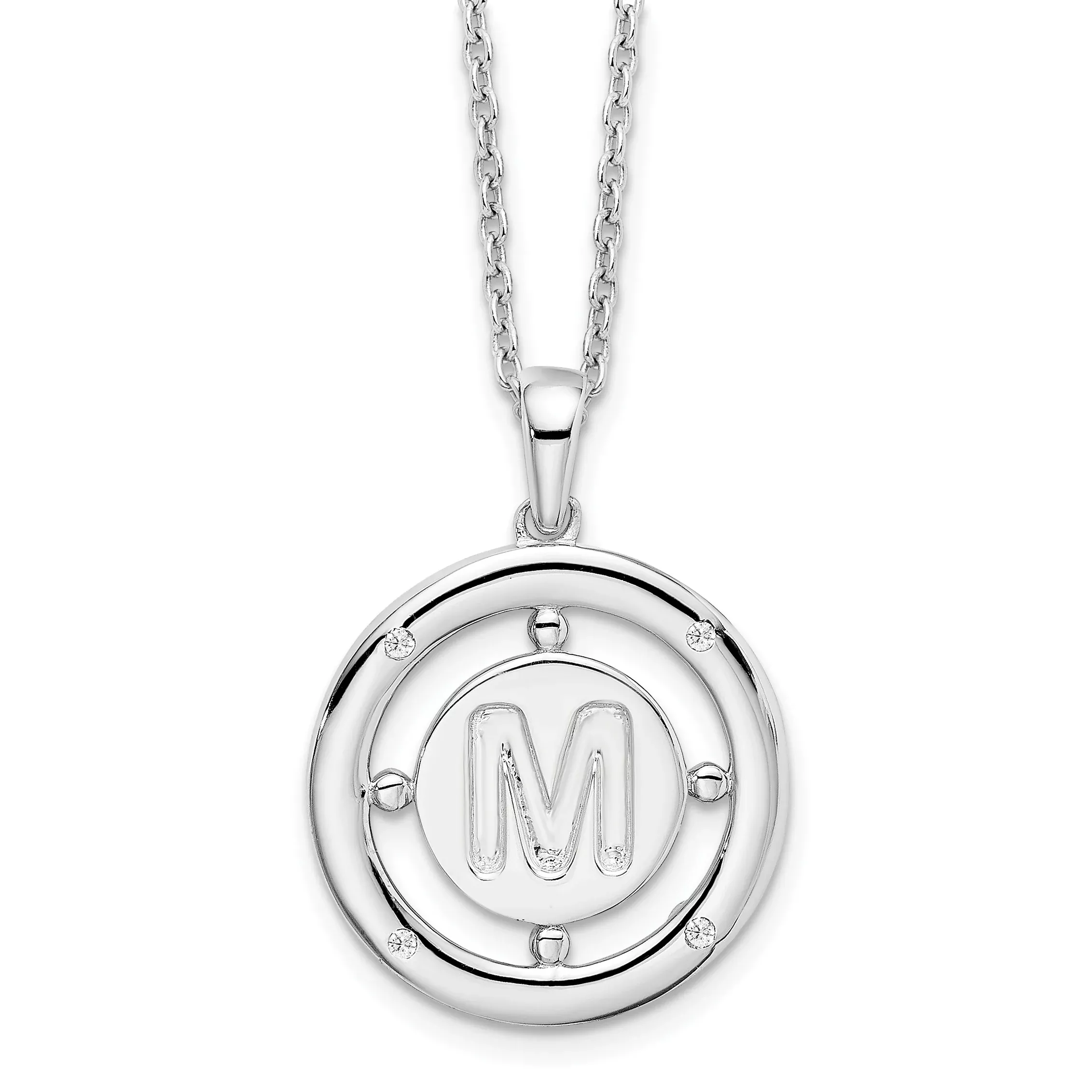 White Ice Sterling Silver Rhodium-Rhodium-Plated 18 Inch Diamond Letter M Initial Necklace with 2 Inch Extender