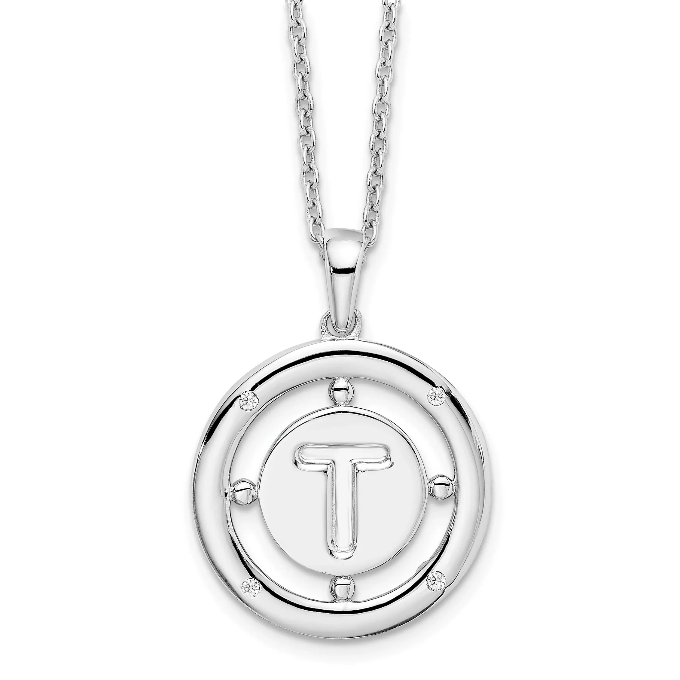 White Ice Sterling Silver Rhodium-Rhodium-Plated 18 Inch Diamond Letter T Initial Necklace with 2 Inch Extender
