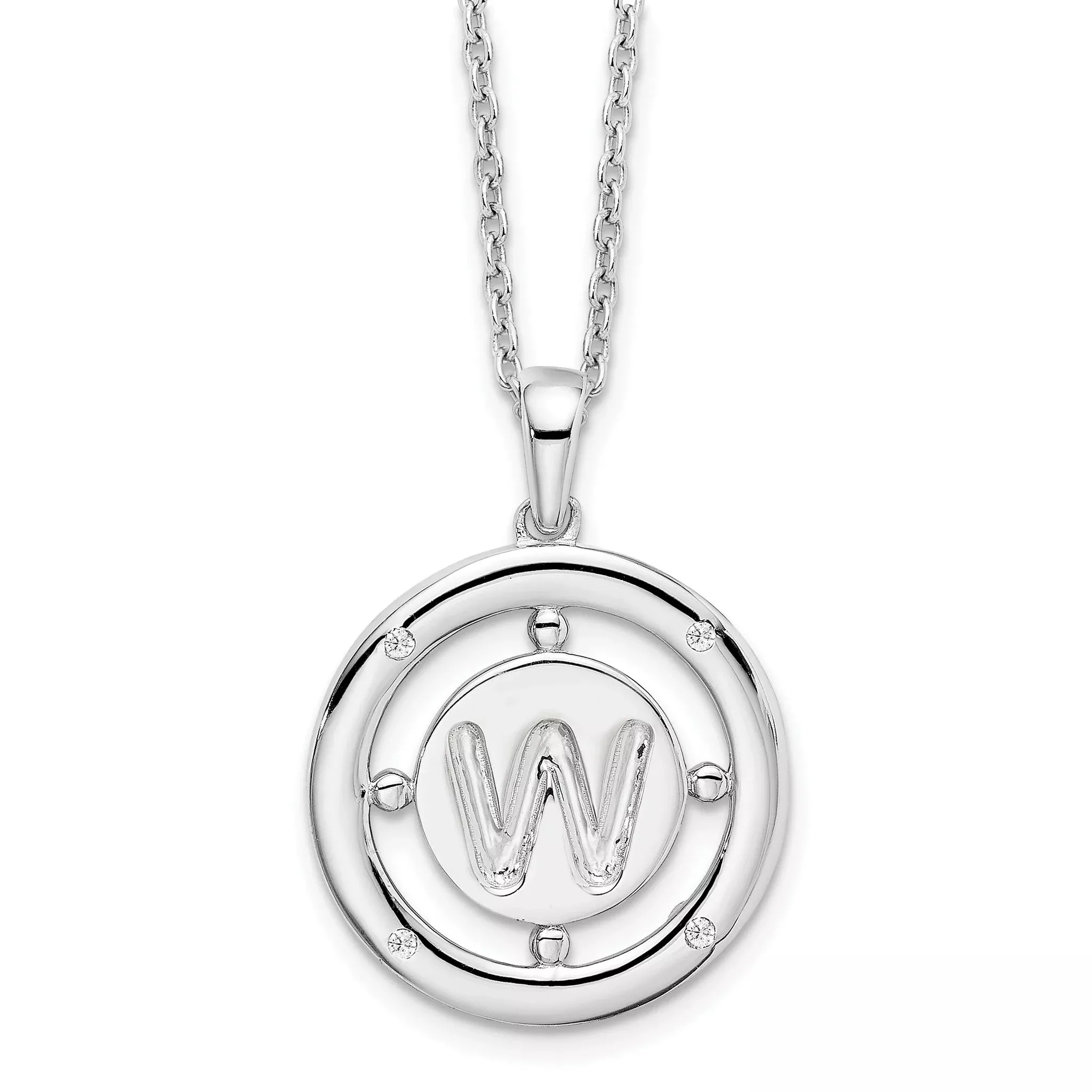 White Ice Sterling Silver Rhodium-Rhodium-Plated 18 Inch Diamond Letter W Initial Necklace with 2 Inch Extender