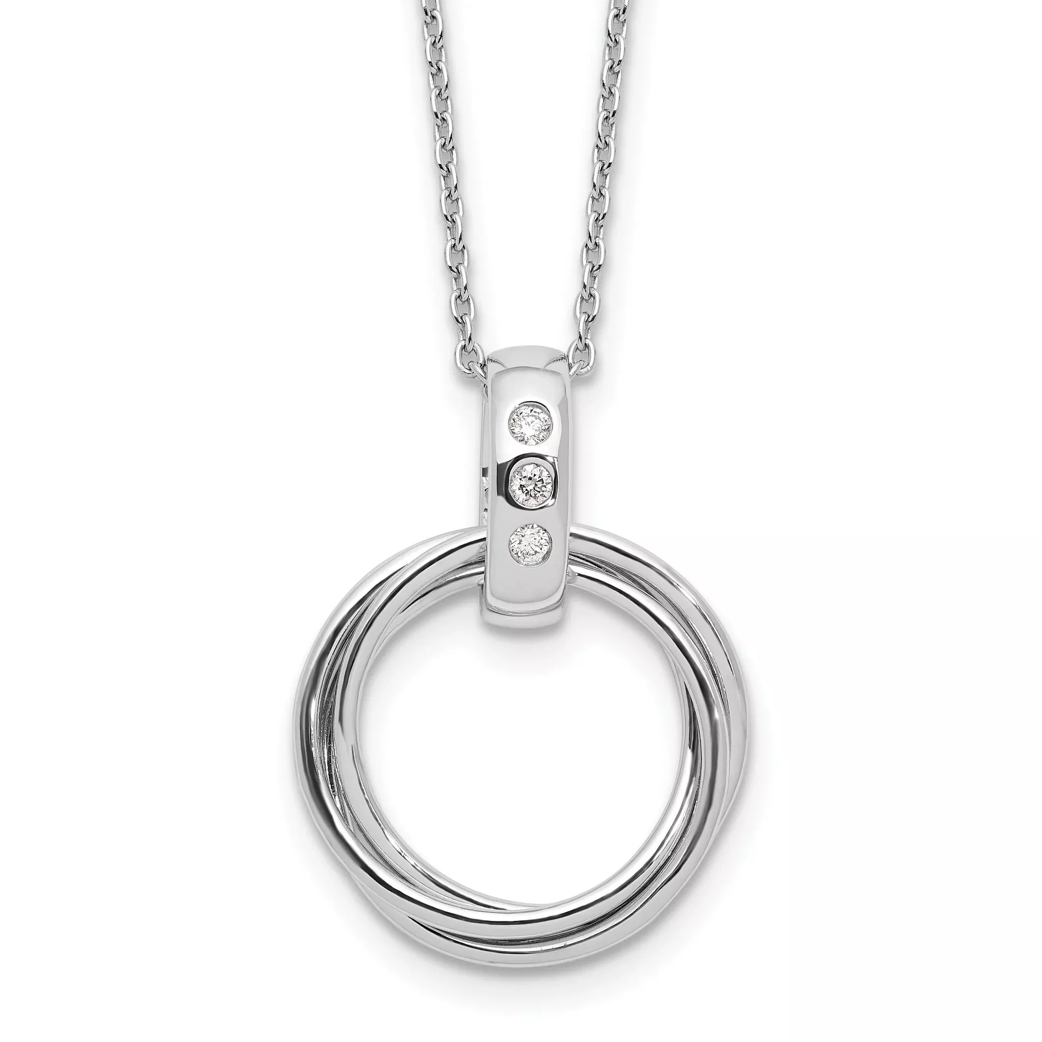 White Ice Sterling Silver Rhodium-Rhodium-Plated Diamond with Three Rings 18 inch Necklace plus 2 inch Extender