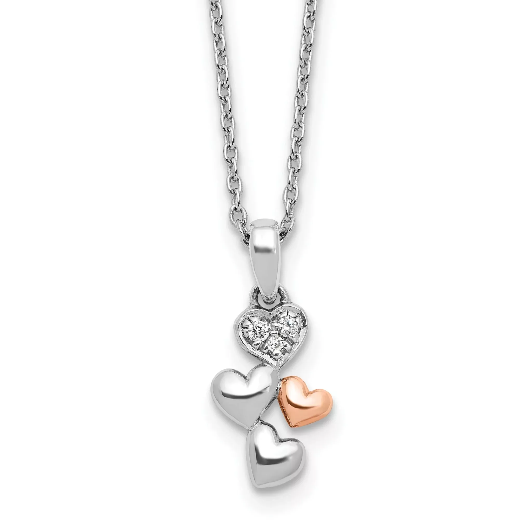 White Ice Sterling Silver Rhodium-Rhodium-Plated Rose-tone 18 Inch Diamond Hearts Necklace with 2 Inch Extender